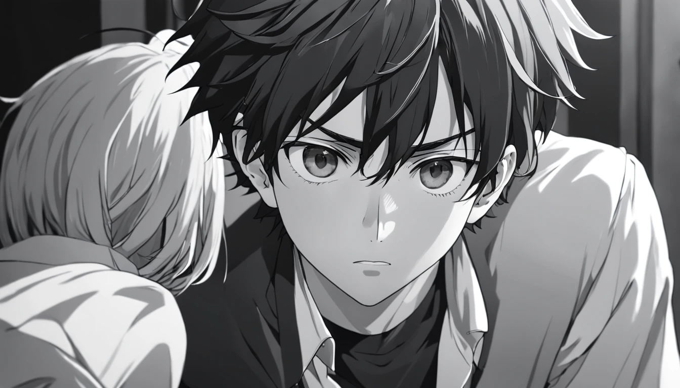 Imagem de anime de um homem com um cabelo preto e uma camisa cinza, anime semi realista, sombreamento de anime), black and white manga style, Semi - anime realista, Anime detalhado soft face, black and white manga, black and white manga page, homem bonito anime, sombreamento de anime, estilo anime semi-realista, black and white manga comic, kentaro miura manga style