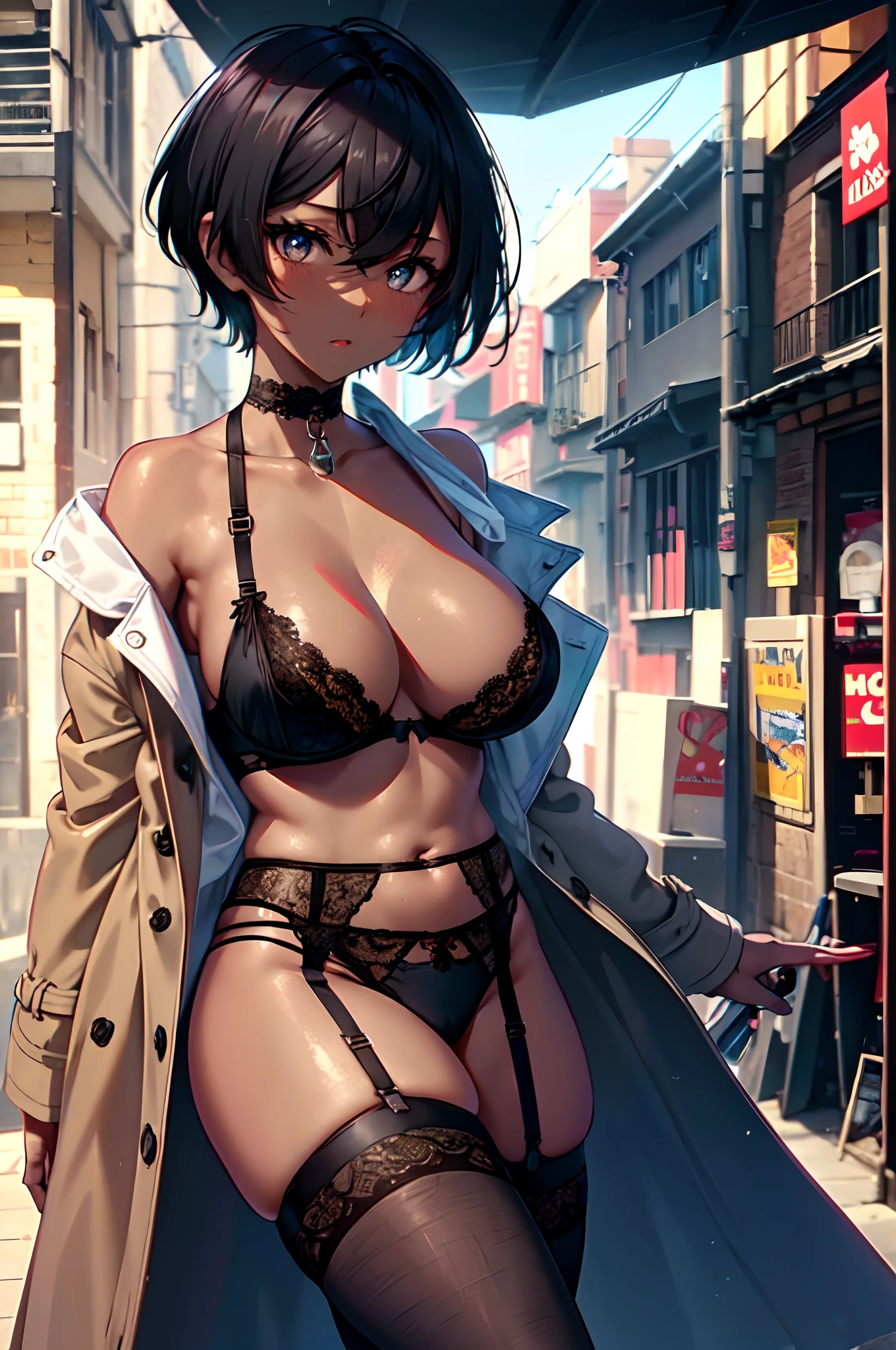 Transcendently Beautiful Girl, (masterpiece face, masterpiece eyes:1.3), nose blush, BREAK, (pixie cut hair:1.3), (black hair, short shaved sides, very short back, very short side, under cut, side cut:1.3), (long eyelashes, red lips), (deep skin, dark skin:1.5), Flat_Chest, very big breasts, very big buttocks, thick thighs, (five fingers, 4fingers and 1thumb), BREAK, public indecency, (half-undress, trench coat), (extremely detailed lace, underwear, bra, panties), (garter belt, stockings), embarrassed, choker, outdoors, alley, day, BREAK, Masterpiece, best quality, captures a super cute moment, depth of field, ultra detailed, ultra high resolution, C4D, Octadale, 3D modeling, 8k, 16k,