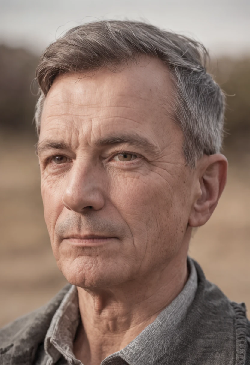 man 50 years old, short hair, looking at the horizon, no beard.