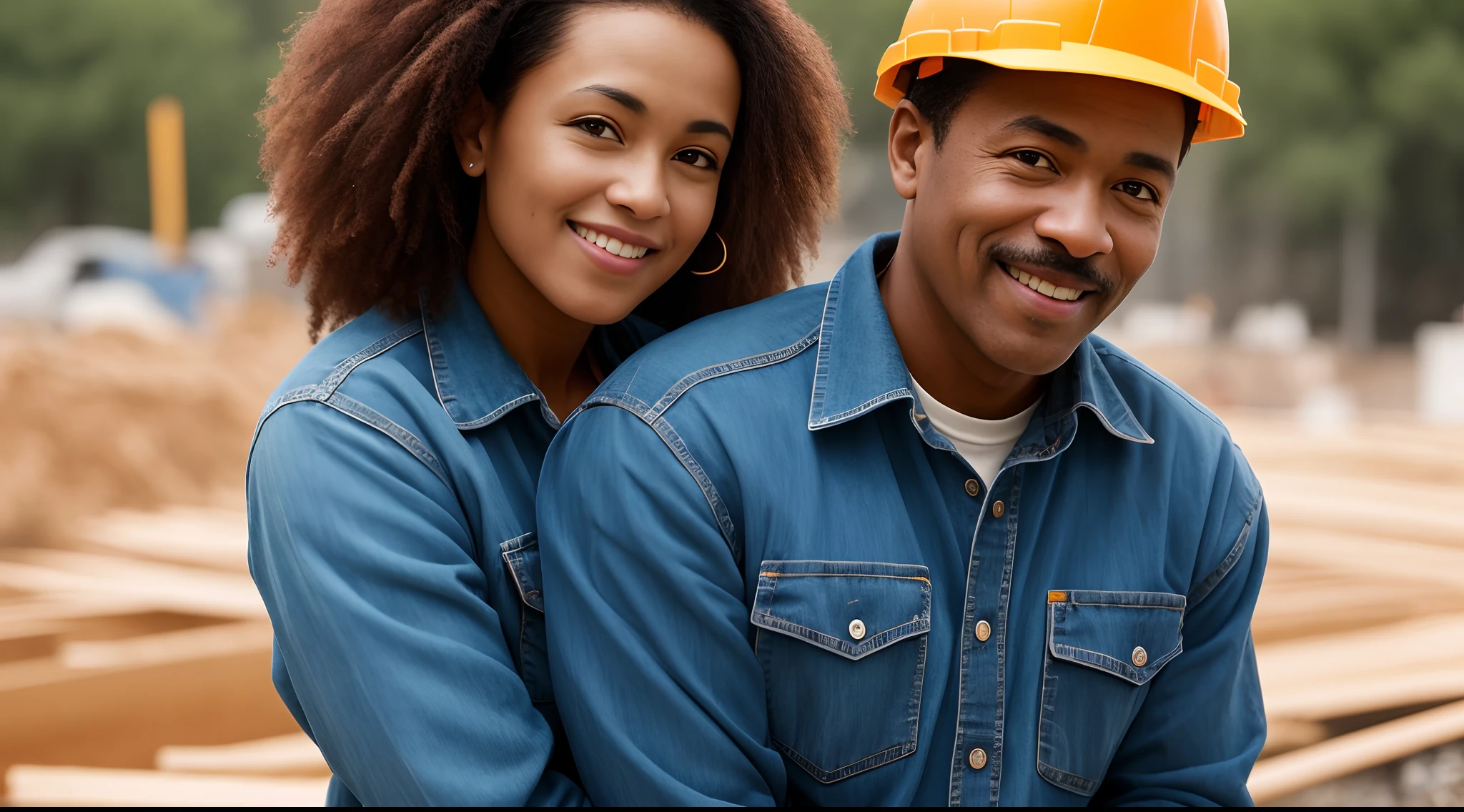Instagram photo, full body closeup face photo of 58 y.o a man afro american face, embracing him role as a construction worker, beautiful face, him warm smile contrasting with her rugged attire, portraying strength as a construction worker, Sony A6400 with 16-50mm f/3.5-5.6 lens, balanced outdoor light, lifestyle photography. bokeh, motion blur