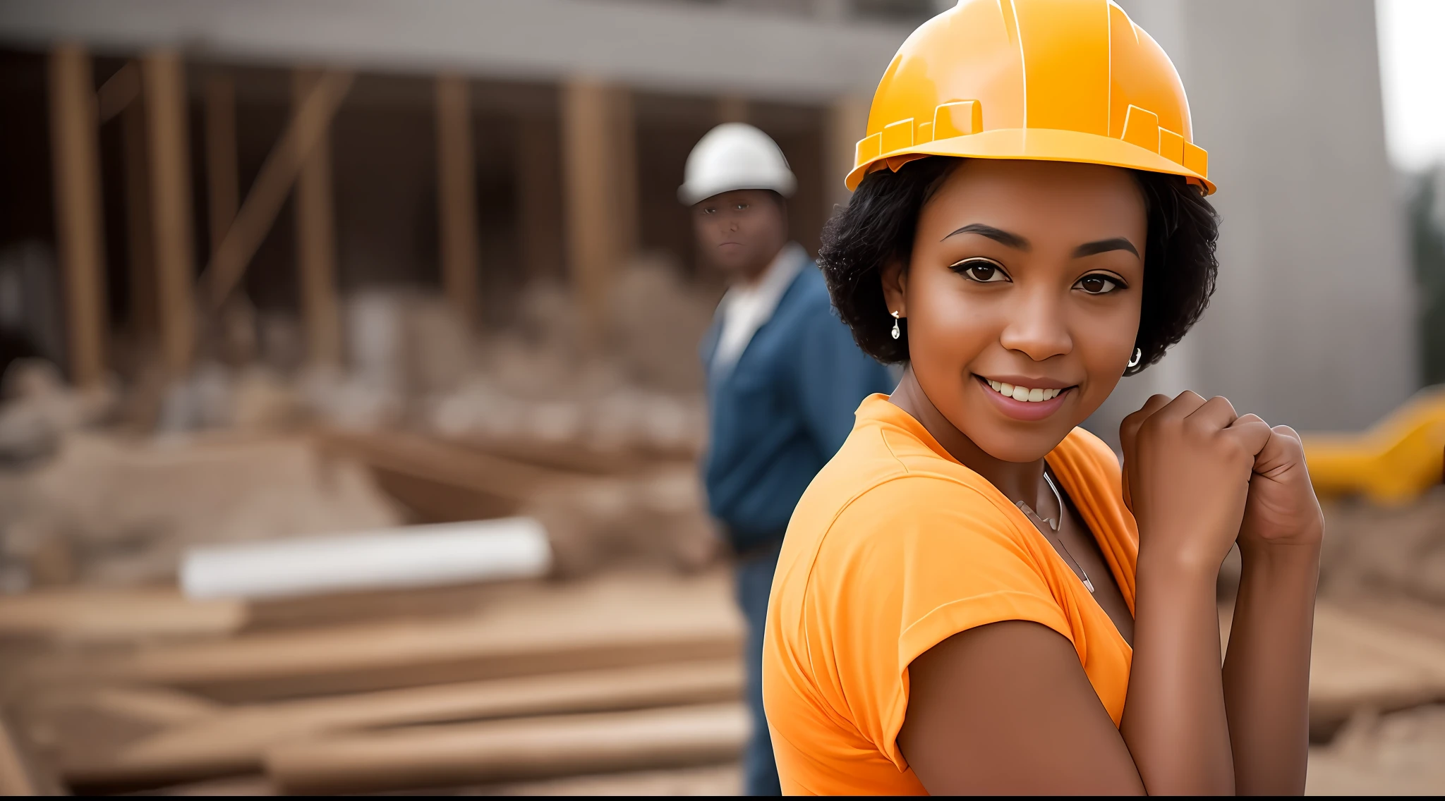Instagram photo, full body closeup face photo of 58 y.o a man afro american face, embracing him role as a construction worker, beautiful face, him warm smile contrasting with her rugged attire, portraying strength as a construction worker, Sony A6400 with 16-50mm f/3.5-5.6 lens, balanced outdoor light, lifestyle photography. bokeh, motion blur