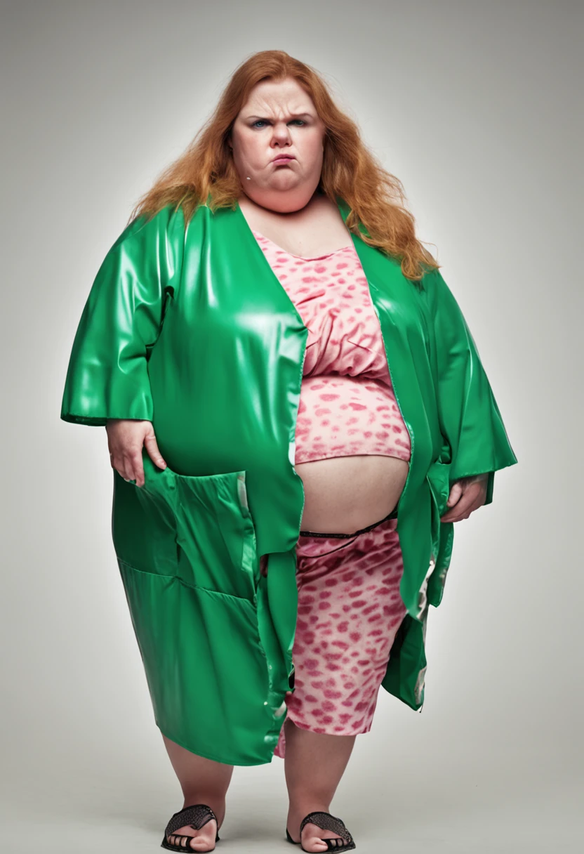 enraged obese person with diabetes and a large belly, rubbing green and white gelatin that is dripping on her hands all over herself, and trying to look cute for a fashion magazine, obese, fat belly, rage, diabetes, anger, geletin, cute, fashion magazine