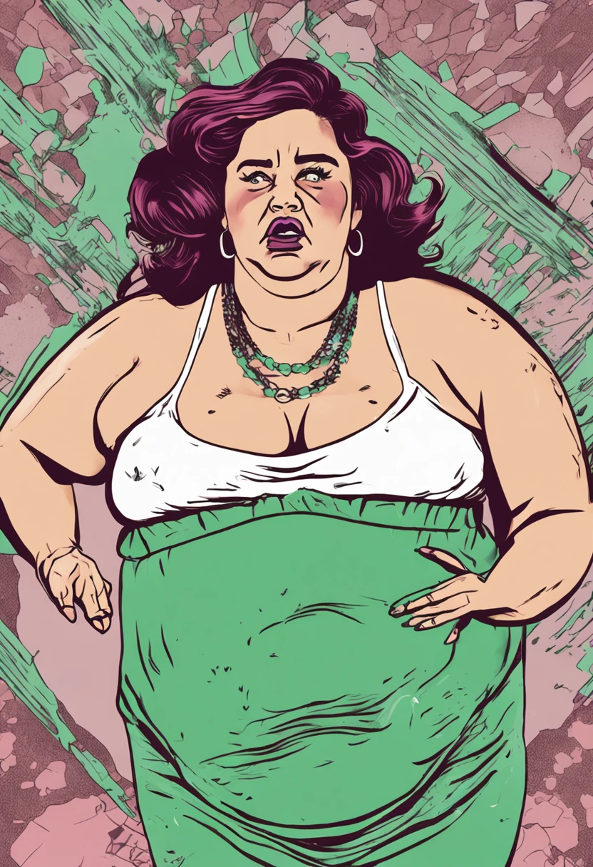 enraged obese person with diabetes and a large belly, rubbing green and white gelatin that is dripping on her hands all over herself, and trying to look cute for a fashion magazine, obese, fat belly, rage, diabetes, anger, geletin, cute, fashion magazine