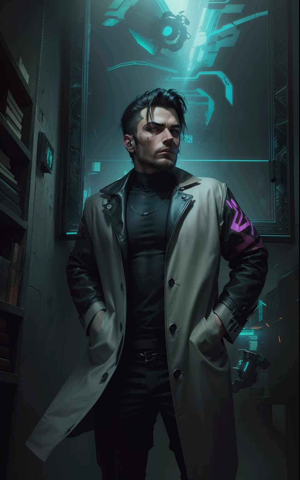 Change background, Dark asthetic background, cyberpunk, handsome man, realistic face