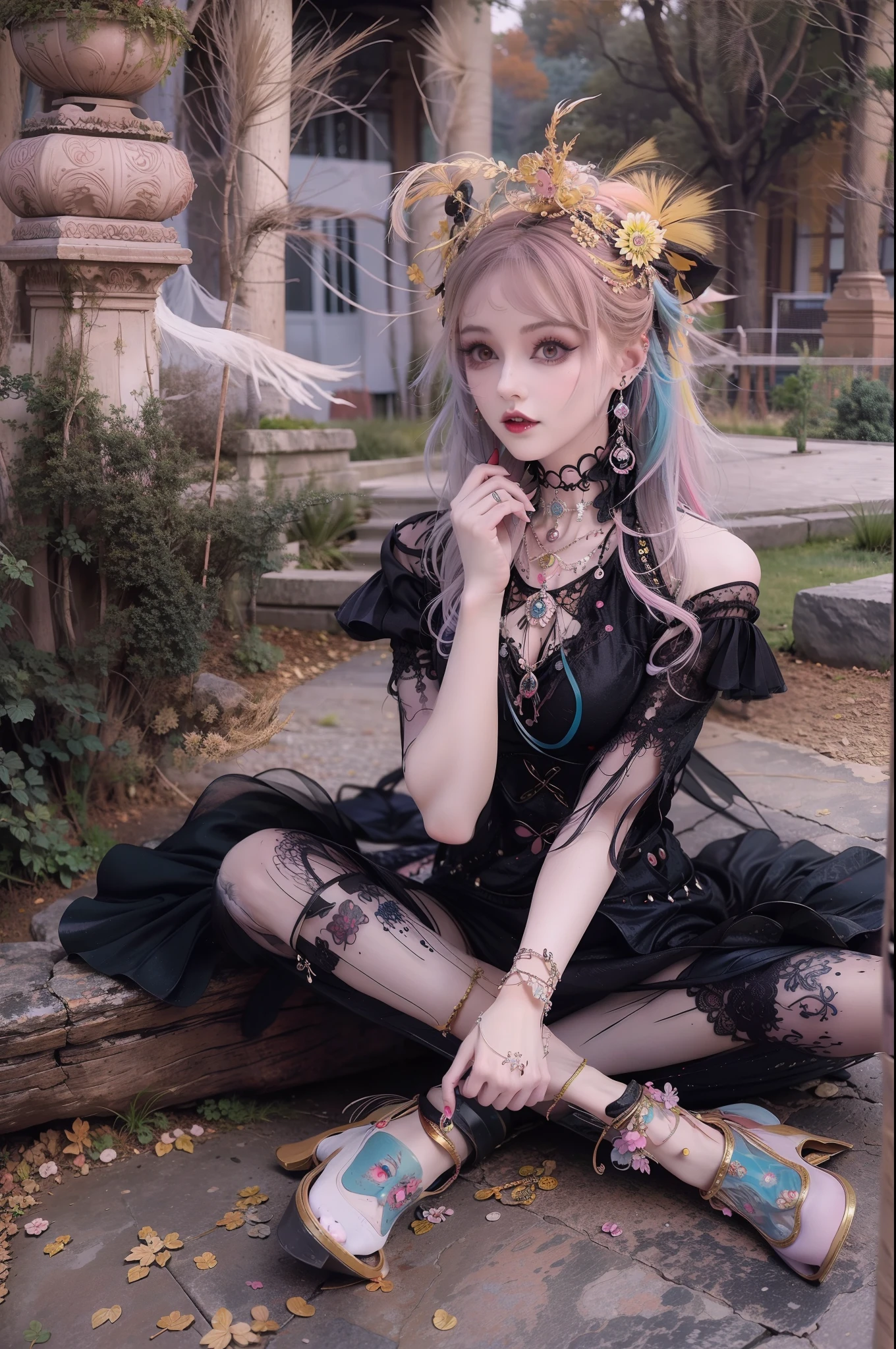 En un hermoso parque una mujer de aspecto moderno. It has a very colorful and striking kawaii gothic style.., con un maquillaje elegante y una peluca colorida.