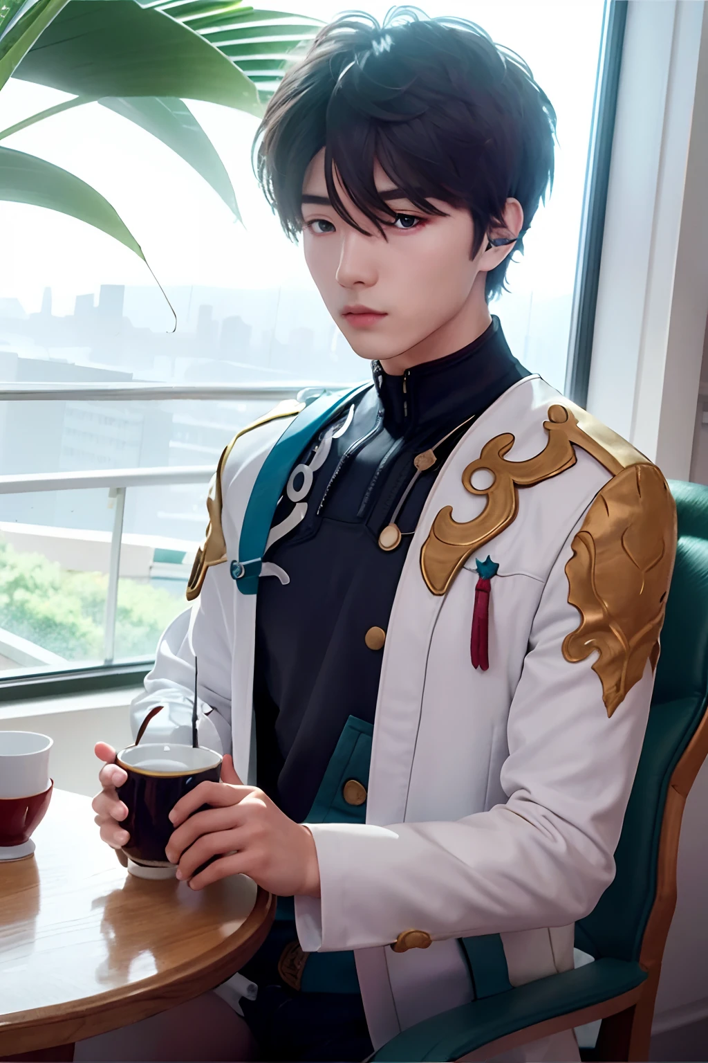 danheng\(character\),black tea cup,drink tea,window,side face,table,chair,(1boy:1.5),solo,upper body,park,best quality,masterpiece,illustration,extremely detailed,CG,unity,8k wallpaper,Amazing,finely detail,masterpiece,best quality,official art,extremely detailed CG unity 8k wallpaper,absurdres,incredibly absurdres,ultra-detailed,highres,(pureerosface_v1:0.5),(ulzzang-6500-v1.1:0.5),