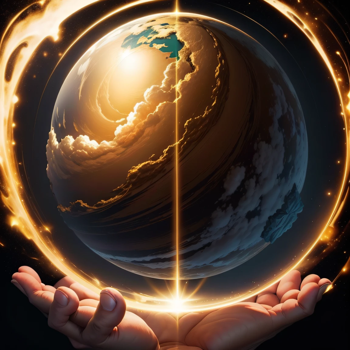 a large hand of man emitting a golden light and holding a globe, no globo terrestre deve ter imagens de montanhas altas e tempestades, realista, 8k, uhd, severe low lighting, alta qualidade, foco nitido, fujifilm XT3