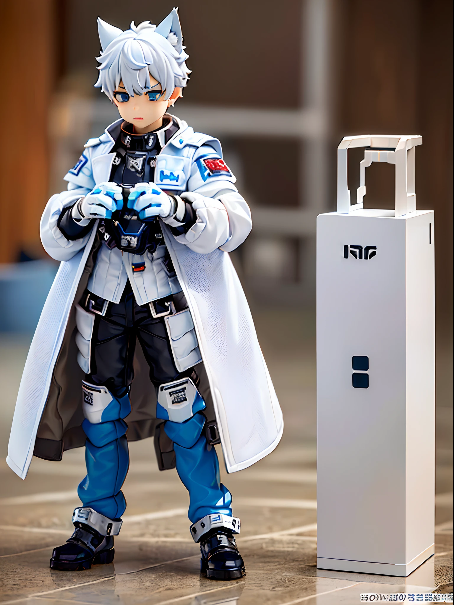 ((e boy)), Wolf ears, Locomotive goggles, Silver dye,Blue dye,White all-in-one mech set,White armored gloves, Racing boots,alarmed, ,tchibi, blindbox,Clay texture, Best quality,a 3D render, Best quality, Lots of detail, vinyl toy figurine
