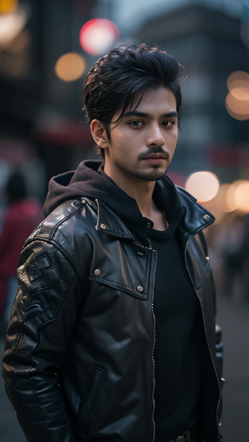 indian man, (chubby face), looking at viewer, (((yasuo league of legends))), (intricate details), hdr, (hyperdetailed:1.2), cinematic shot, hyperrealism, portrait, torso, hyperdetailed real human hair, worn lblack eather jacket, photograph, Fujifilm XT3,city streets background, bokeh, in the style of vintage photography, ultrawide lens