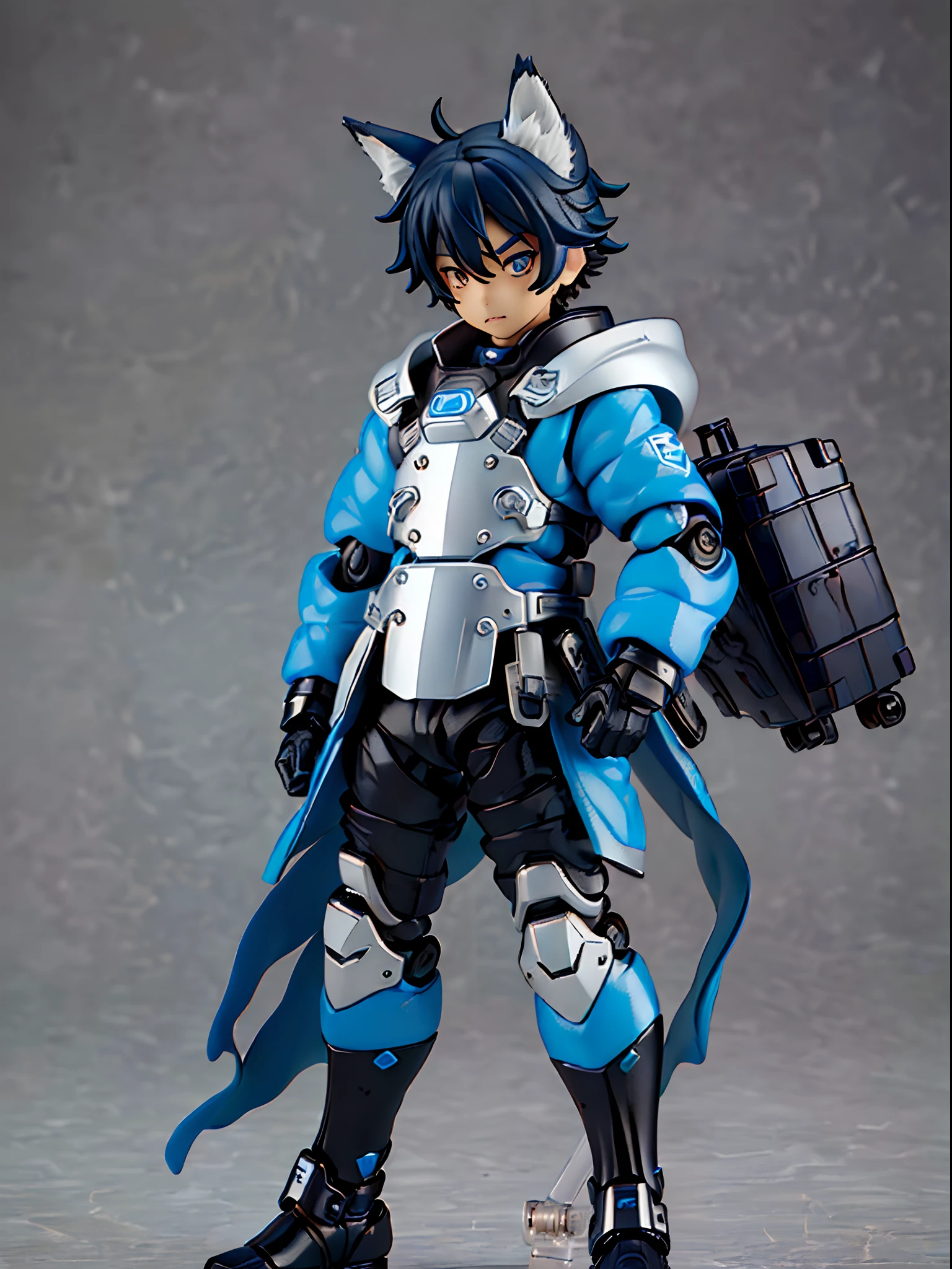 ((younge boy)),Wolf ears,Deep eyes,Locomotive goggles,Silver dye,Blue dye,Mech full body set,Mech arm,Racing boots,tchibi,blindbox,Clay texture,Best quality,a 3D render,vinyl toy figurine。