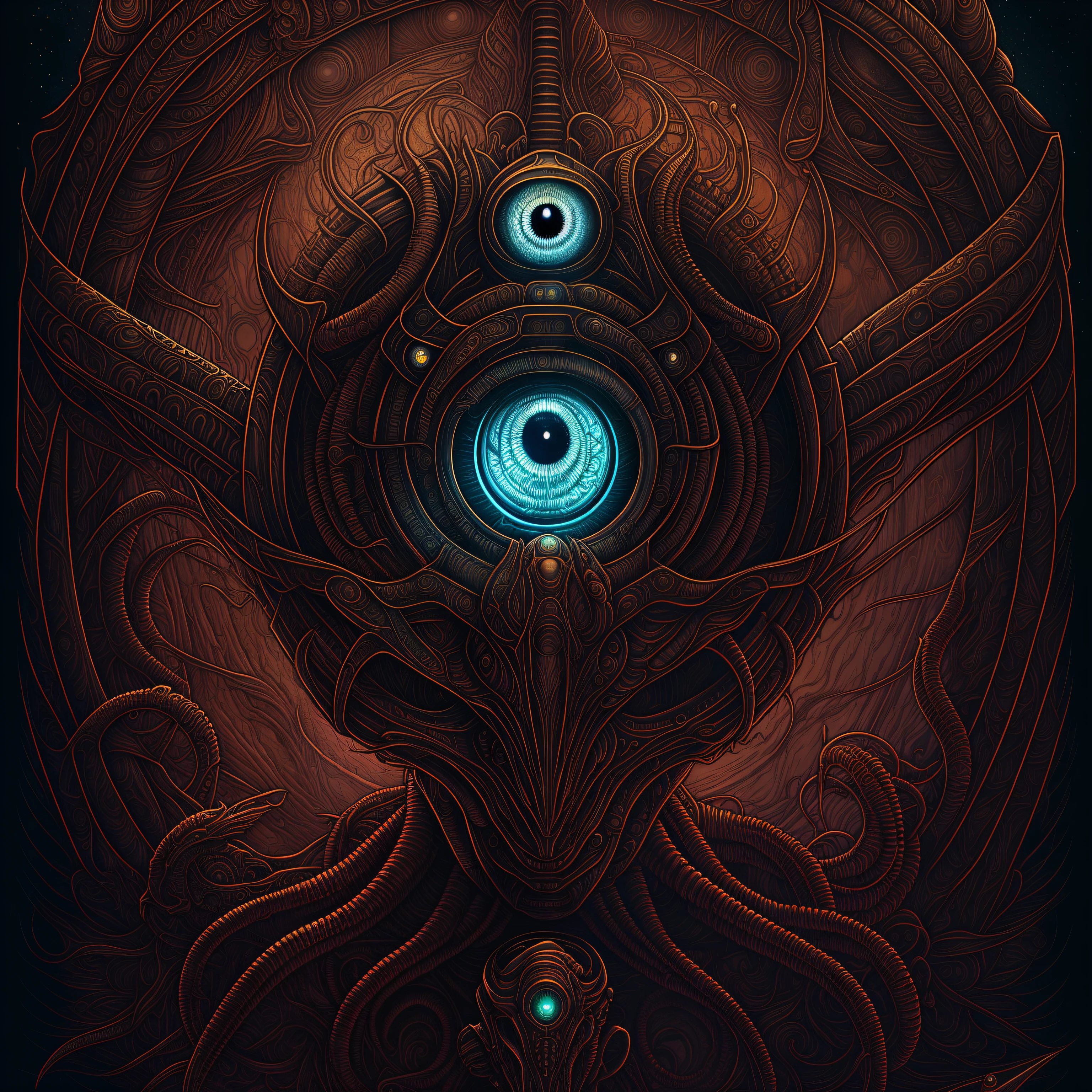 Front view the (aliens female, glowing eyes :1.1) portrait, symmetrical artistic sharp art, (dan mumford style:1.1), hdr, realism, dark fantasy atmosphere, lovecraft style, (dan mumford style:1.3)
