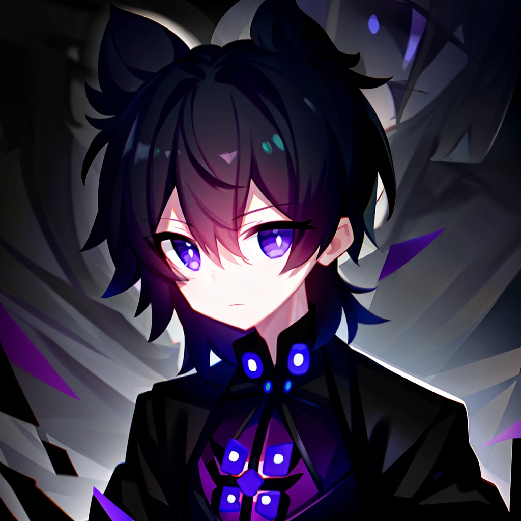 black color hair，Boy with purple eyes