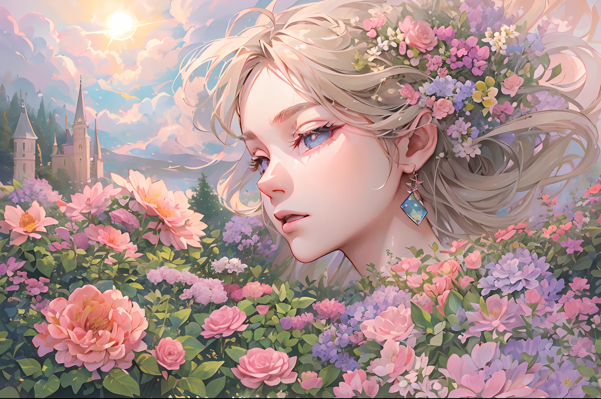 The Garden of the Castle in the Sky. A woman tends to the flowers and plants in a garden on an island in the sky. The unique plants in the sky bloom beautifully. In the distance, the sunrise, the horizon, and the earthly world in the sunlight can be seen.detailed Schneider pastel ink, soft and fantastic, fluffy, (extremely fine and beautiful), (perfect details)、(pastel color),Soft texture:1.2.(Mastepiece, Best Quality), (finely detailed beautiful eye), (finely detailed eyes and detailed face),The tones are also visibly luminous.Pale blurred outline