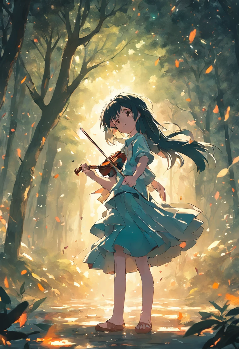 Menina de 5 anos, cabelo longo, liso e preto, olhos brilhantes, utilizando roupas camponesa, Tocando violino na floresta, Easy poses and axes, aperto de alegria, Pintura SNES
