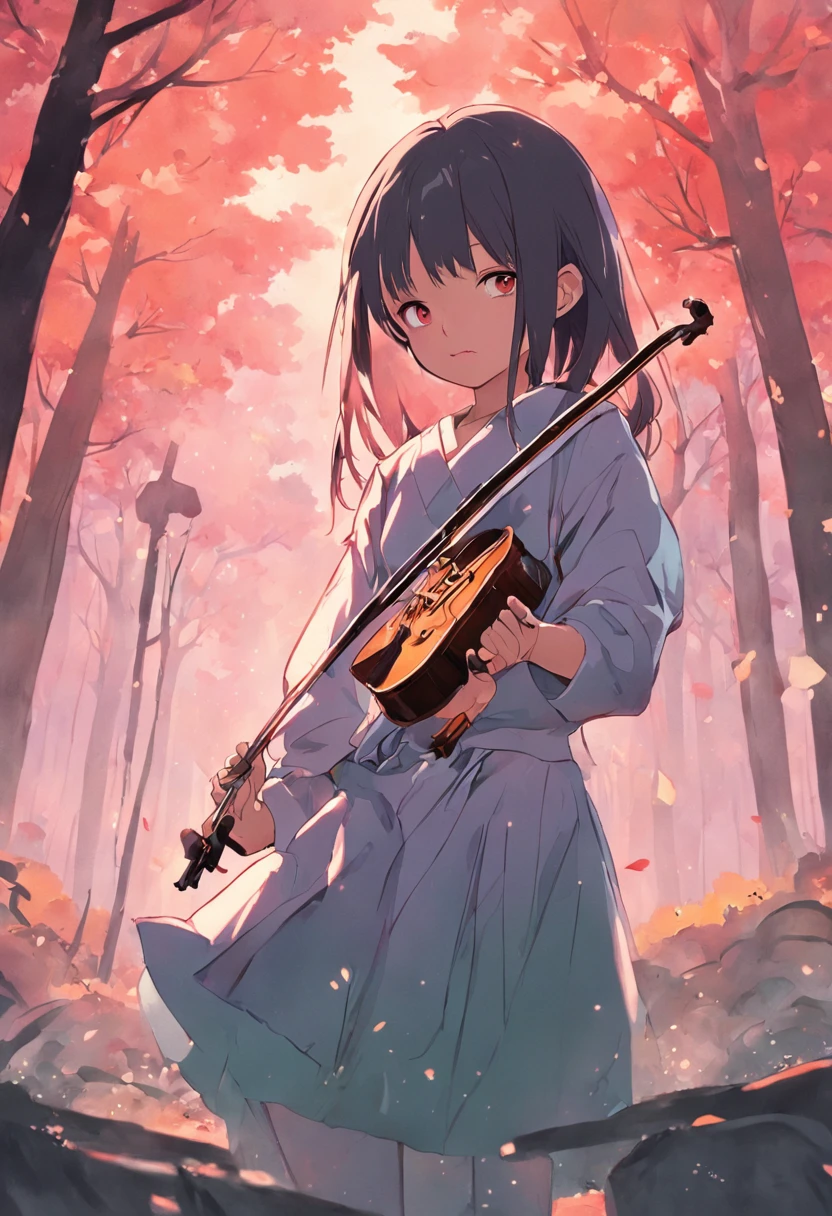  de 5 anos, cabelo longo, liso e preto, olhos brilhantes, utilizando roupas camponesa, Tocando violino na floresta, Easy poses and axes, aperto de alegria, Pintura SNES