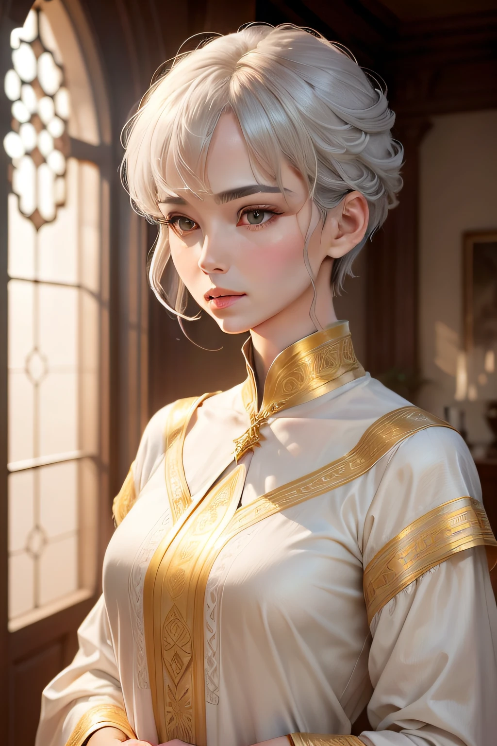 Creation God Short-haired gray hair Mysterious white and golden clothes Golden long wand Gentle expression a cool art by gentle face