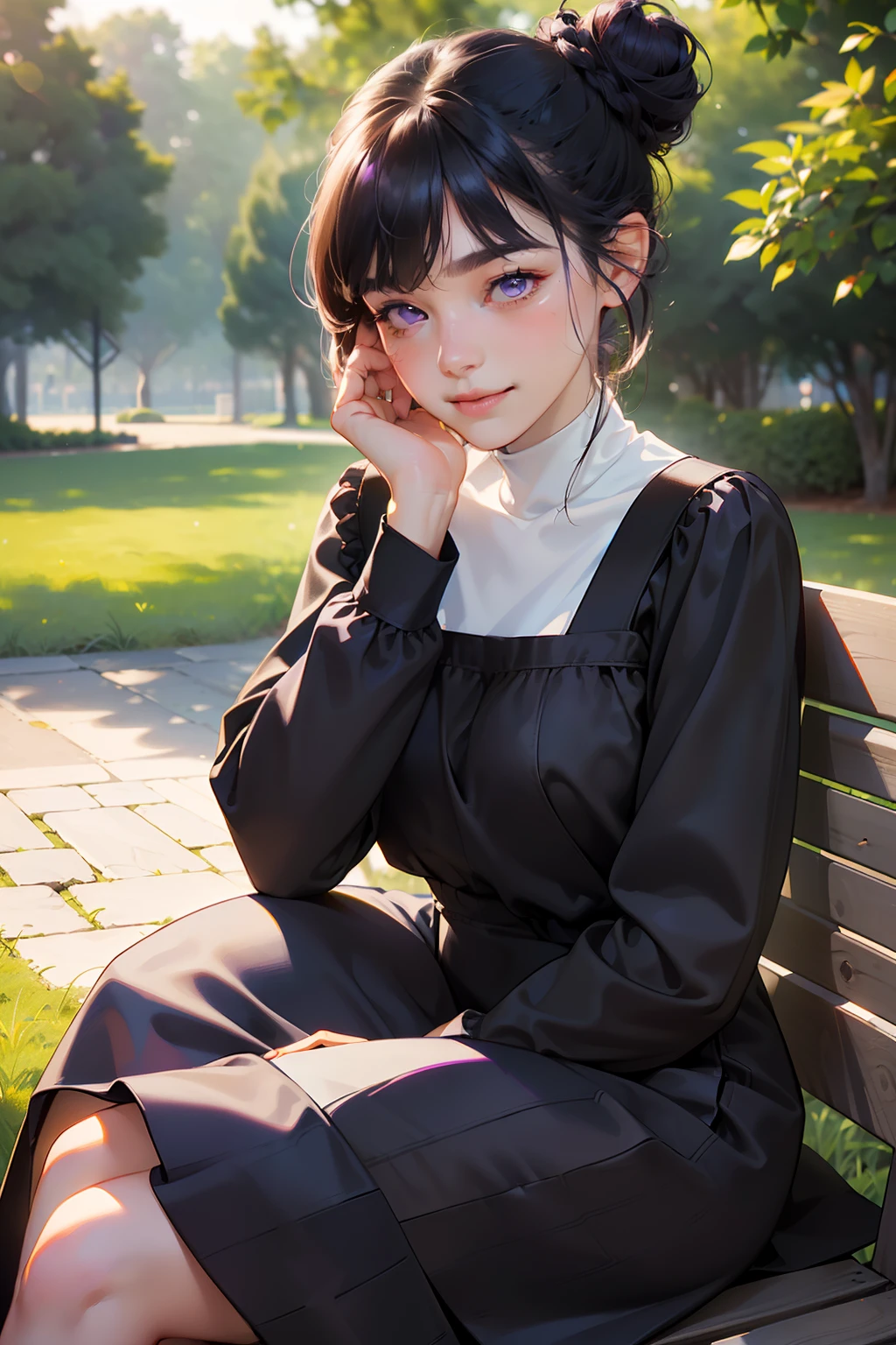 masterpiece, best quality, realistic, mature female, cute, 15 years old, closed mouth, portrait, extremely detailed face, warm, ((dark purple eyes)), ((with Black hair bun), ((front bangs hair)), [thin eyebrows], outdoor, ((white long sleeve dress)), no makeup, light smile, ear blush, light blush, shorteyelashes, 4k, sitting
