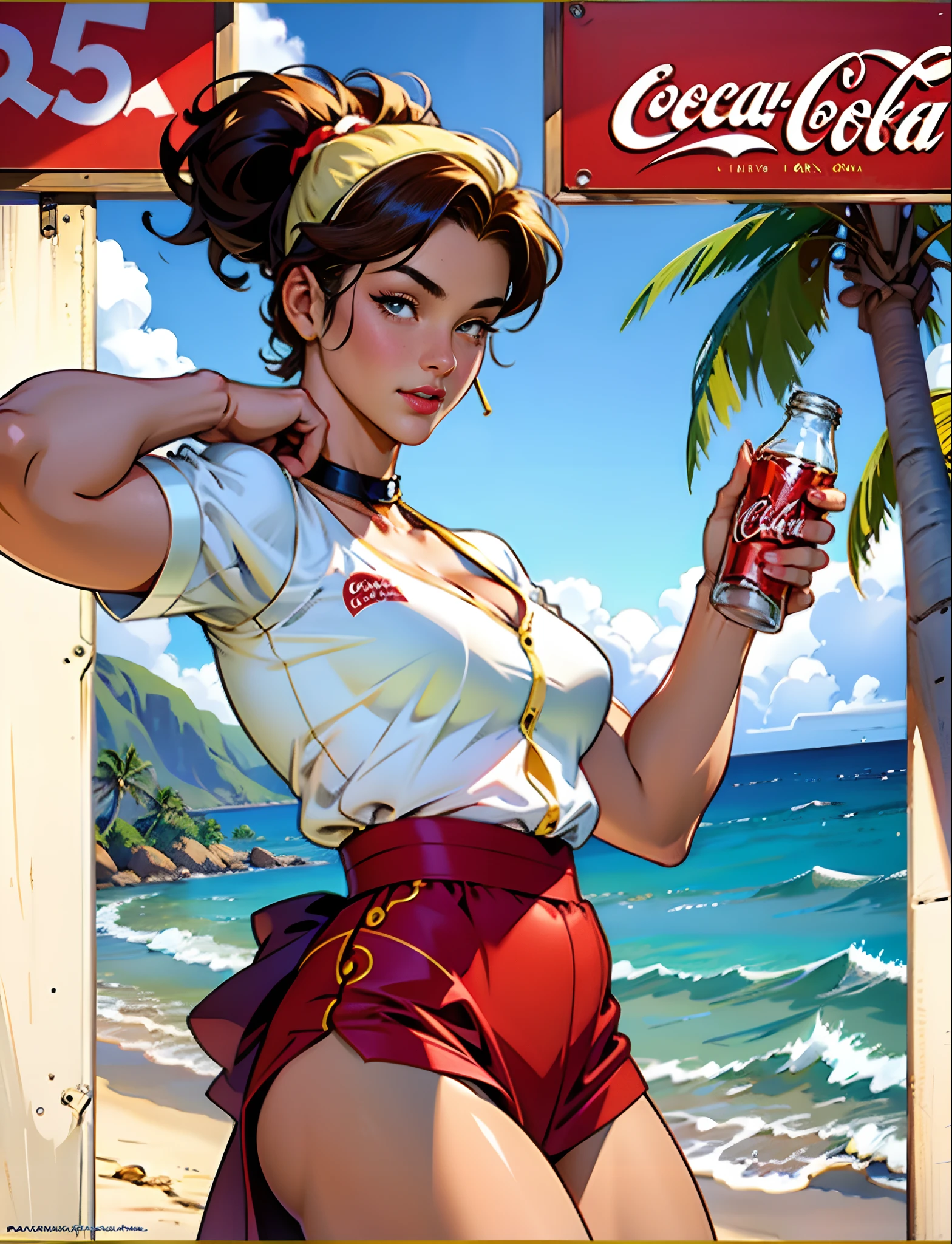 coca cola advert real magic as always five cents, in Hawaii Lahaina, in inspired by Dorothy Coke, coka-cola advertisement, drinking a bottle of coca-cola, soda themed girl, retro poster, retro ad, film noir realistic, in style of digital illustration, promotional poster, inspired by Rolf Armstrong, in style of Jaime Frias, in style of digital art