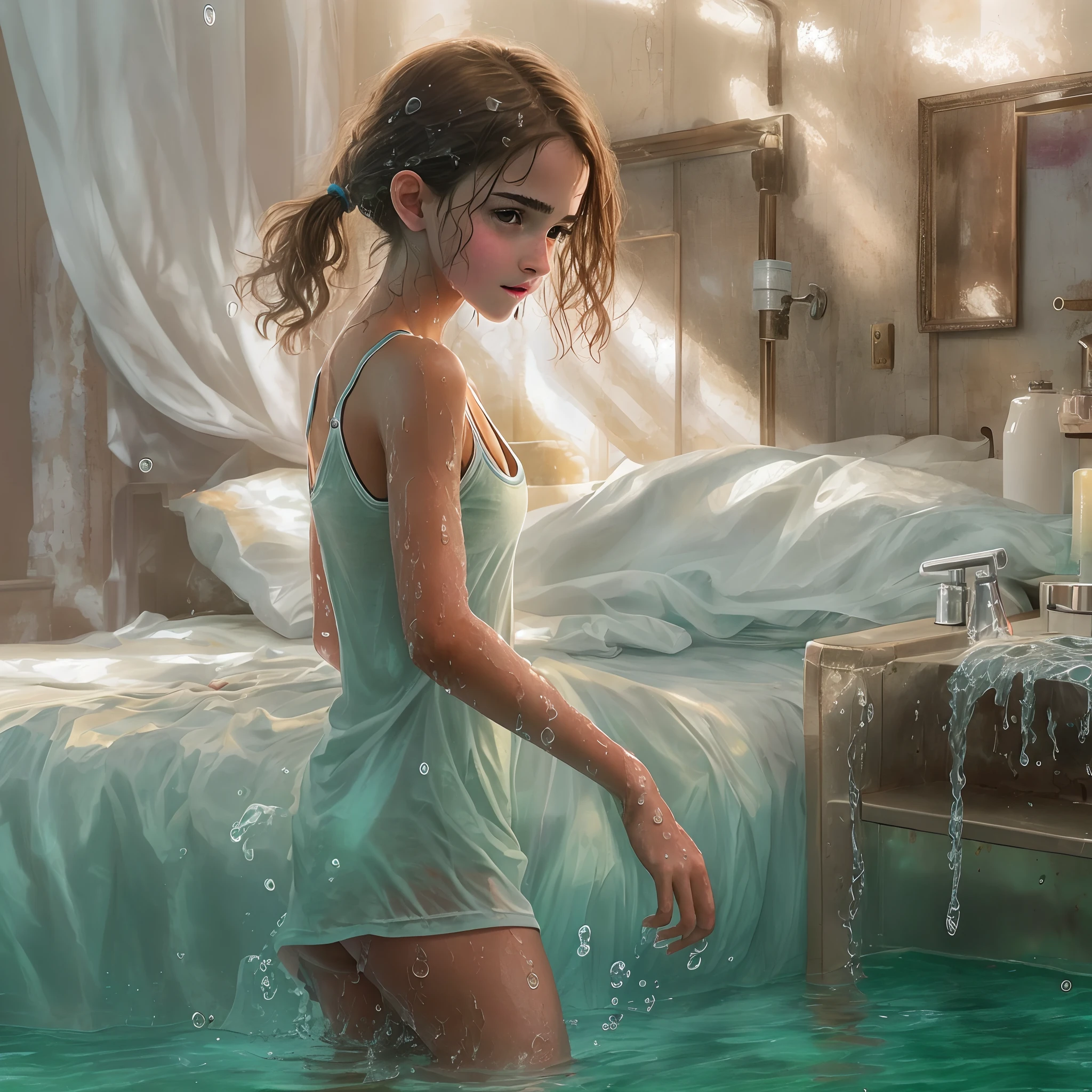 8K, Ultra Detail, Ultra Realistic, HDR, f2.0,2girls, Full body shot, 14 years old, Child figure, Small, cute, Squatting, Exhibitionism, Thin legs, Thrusting waist, in bed, bedsheets, Thin, emma watson, wet skin, shiny white skin, water all over the body, a large amount of water coming from the crotch, chest and face, wet, very long nightgown, pool, wet spots