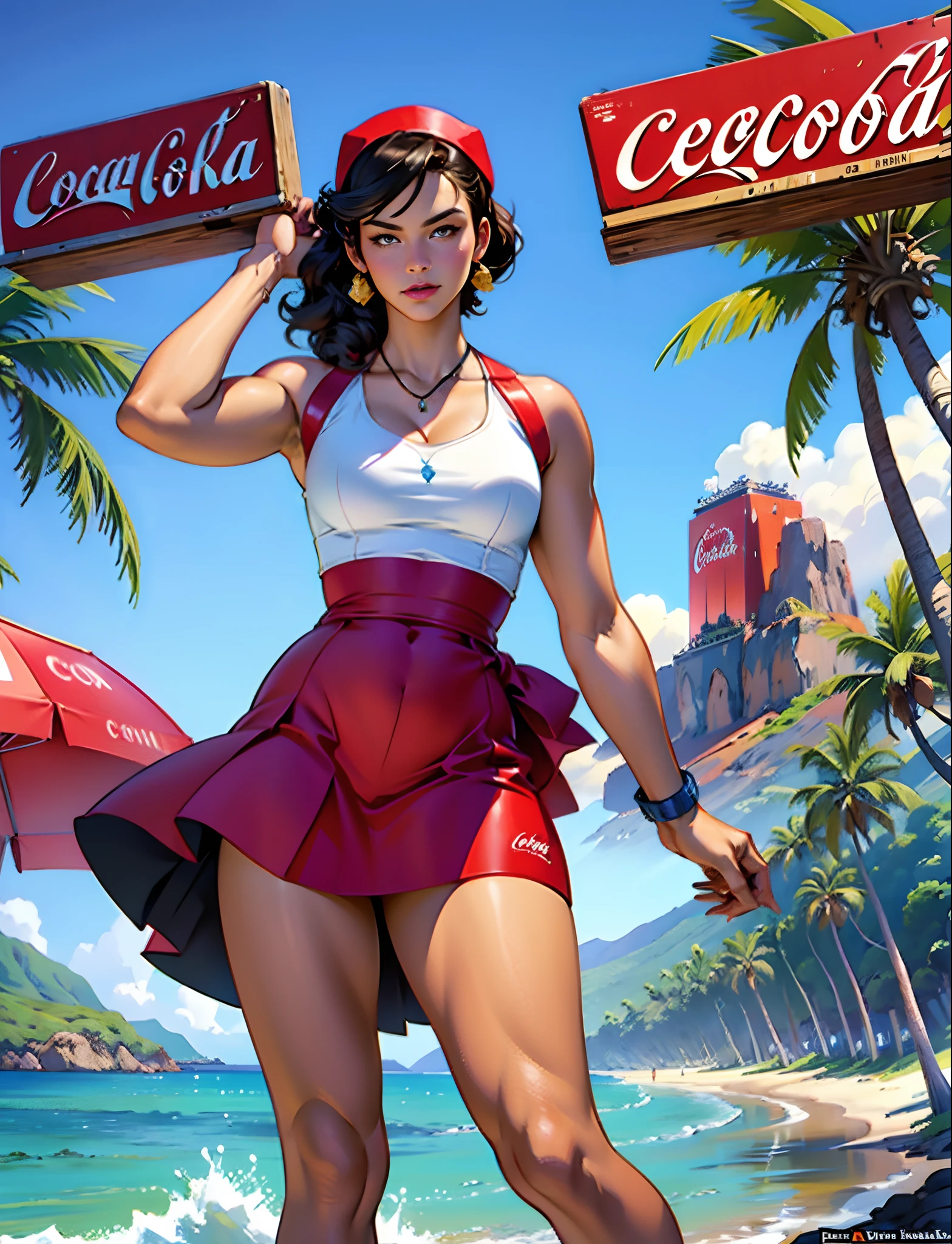 coca cola advert real magic as always five cents, in Hawaii Lahaina, in inspired by Dorothy Coke, coka-cola advertisement, drinking a bottle of coca-cola, soda themed girl, retro poster, retro ad, film noir realistic, in style of digital illustration, promotional poster, inspired by Rolf Armstrong, in style of Jaime Frias, in style of digital art