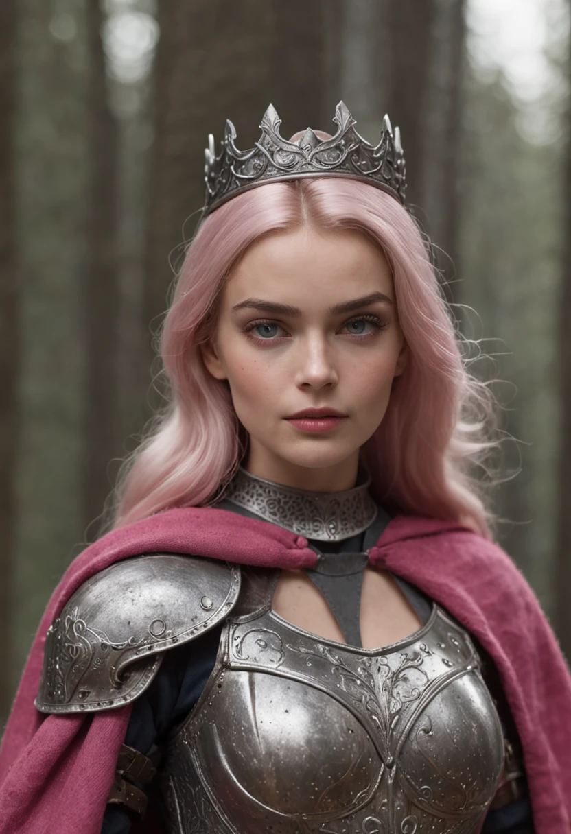 a misty Dark Forest, medieval time, knight Margot Robbie (barbie) DRESSED in dark decorated medieval steel decorated armor and pink cape, perfect face, perfect eyes, 80's medieval dark fantasy movie, ultra realistic, detailed face, film grain, (full body shot:2)