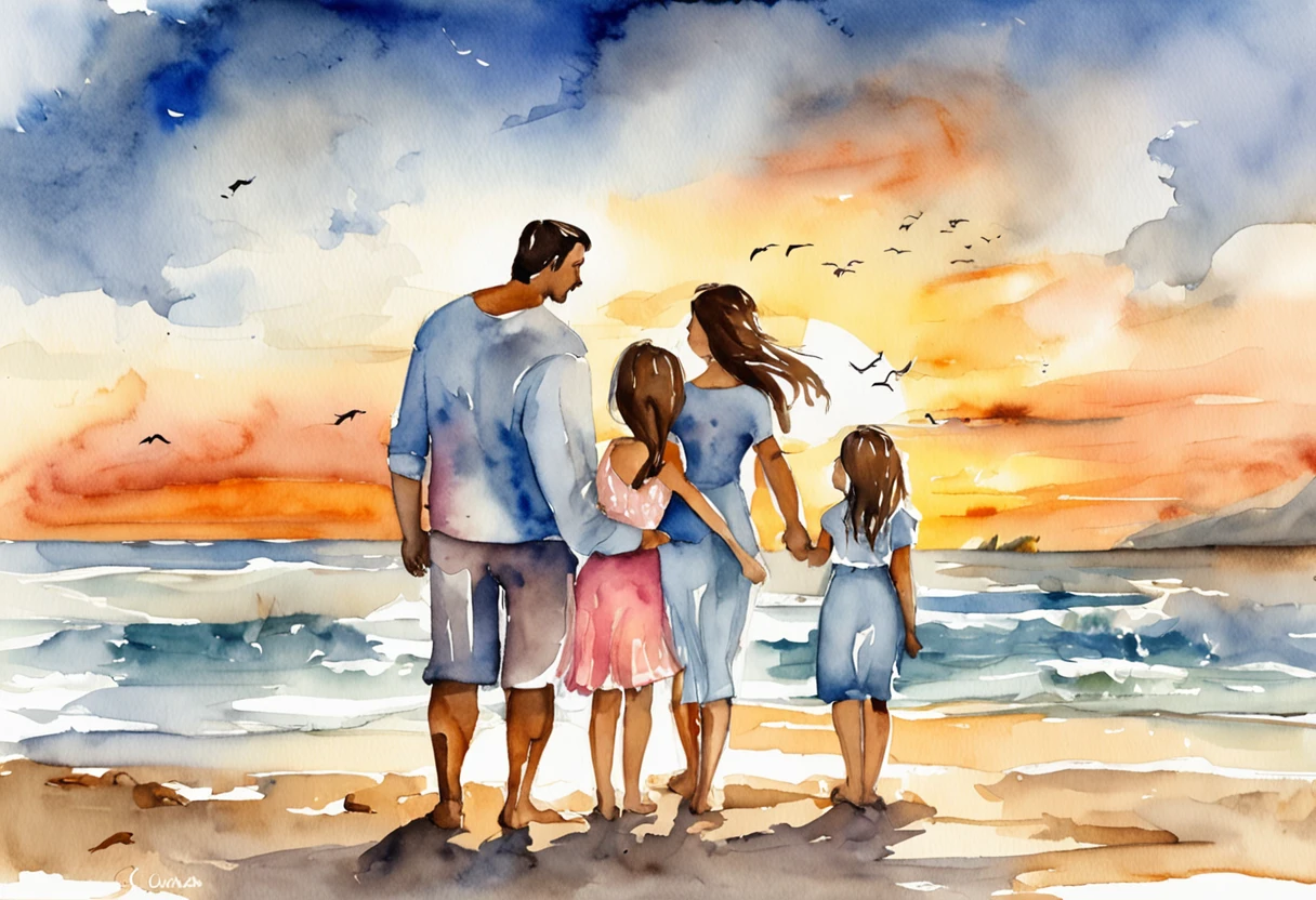 "A loving father enjoying a serene sunset on the beach with his two daughters and son."