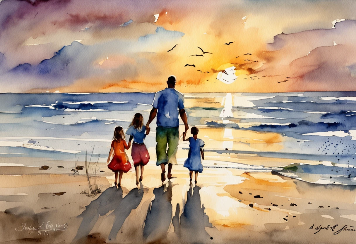 A family of four walking along the beach, setting sun, Praia Dourada, Four people holding hands