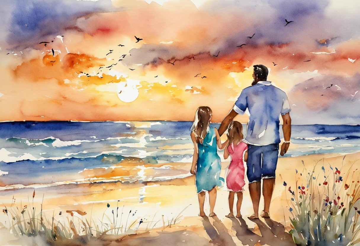 "A loving father enjoying a serene sunset on the beach with his two daughters and son."