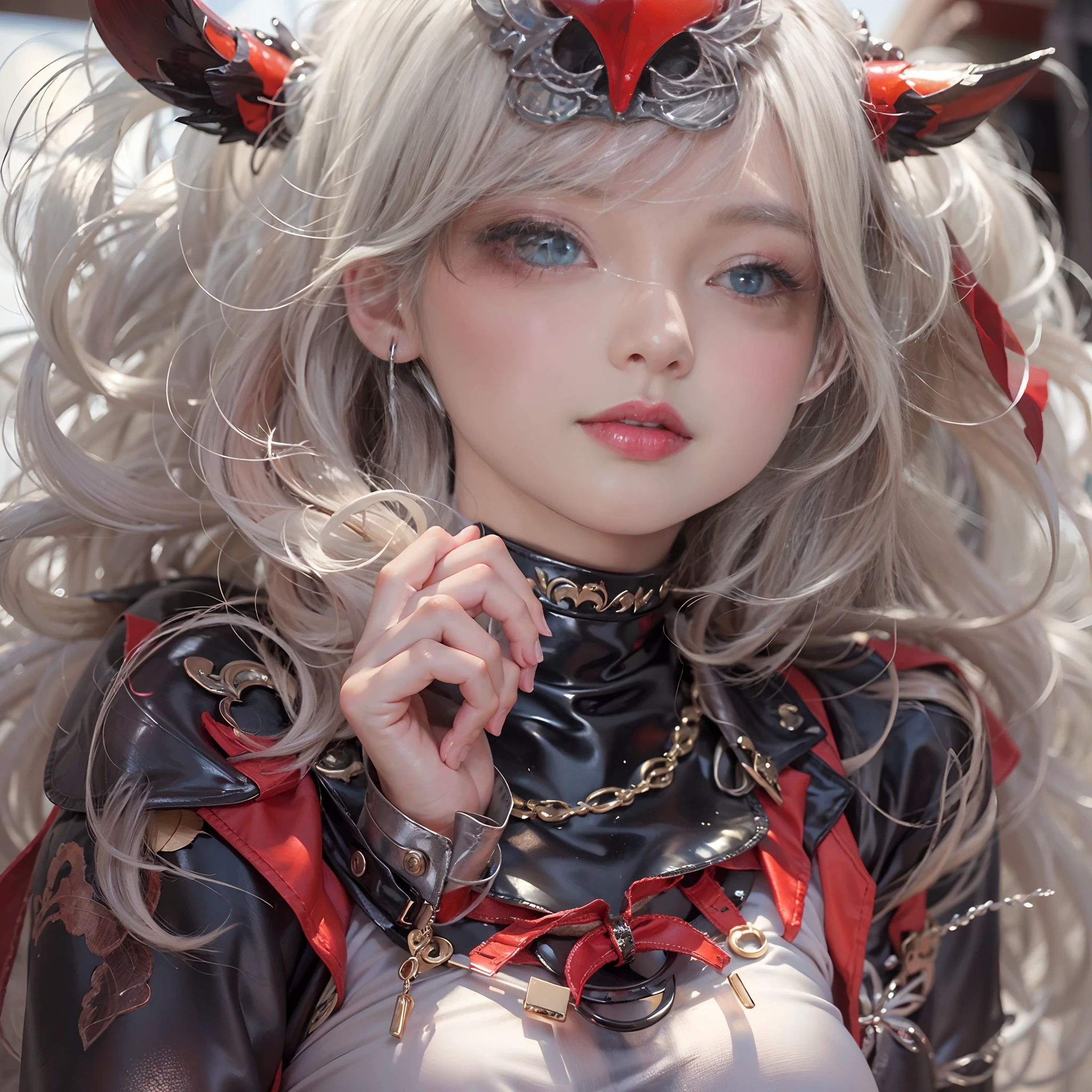 highest quality, masterpiece, ultra high resolution, (realistic: 1.4), RAW photo, 1 girl, Glossy skin, (Super realistic details)), portrait, global illumination, Shadow, octane rendering, 8k, super sharp, big, Raw skin with exposed cleavage, Metal, intricate decorative details, very intricate details, realistic light, Trends in CG society, purple eyes, shining eyes, towards the camera, neon details, sitting, gundam, small led lamp, purple lighting from behind, (pure white thin shirt:1.4), (red lace mini bra), very thin fabric, (bright red mini skirt), Metalのヘッドセット, Light blue short-cut hair, shrine background,