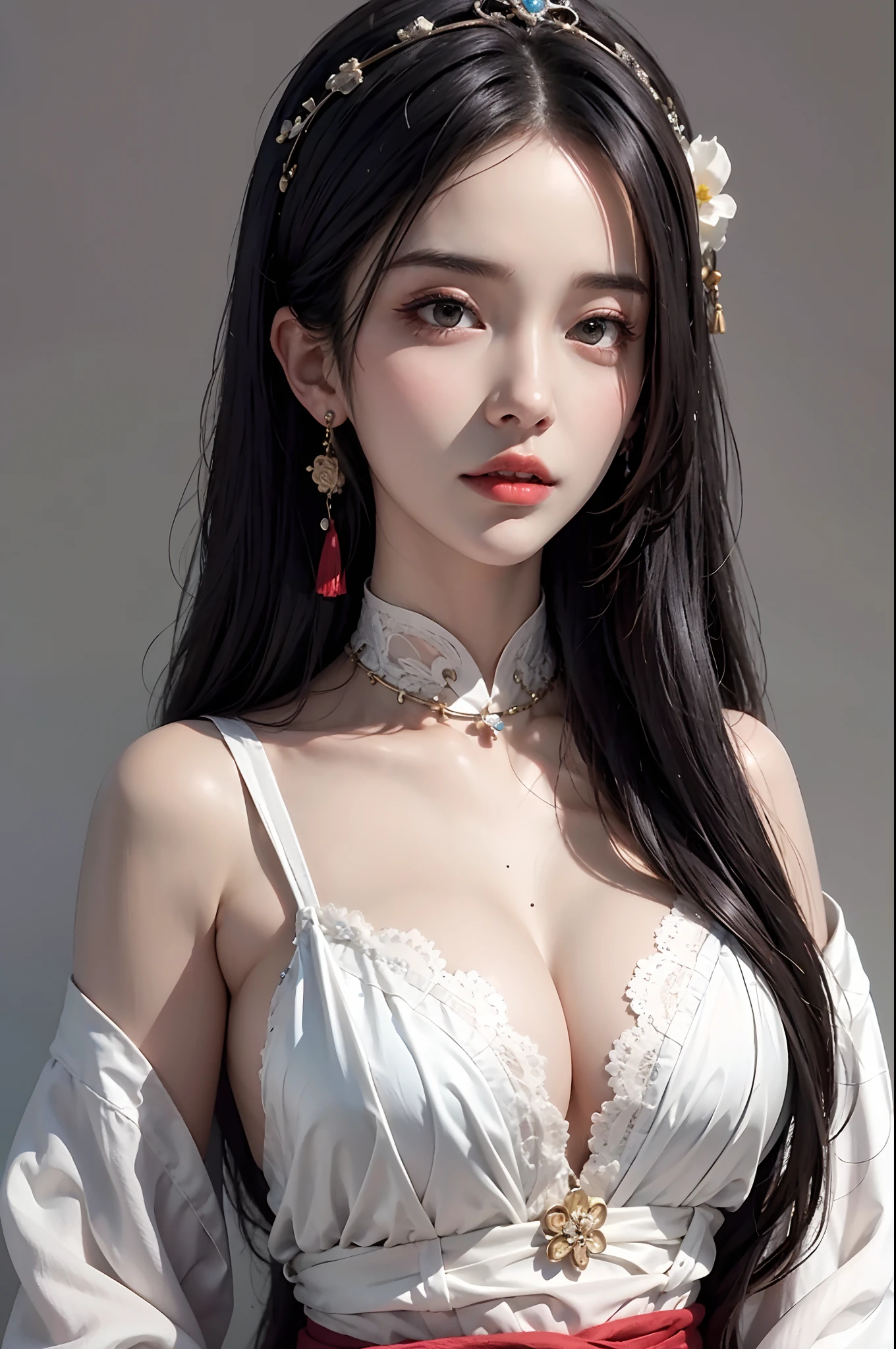 Portrait of a young 20-year-old saint, a saint with a beautiful and super cute face,wearing a very thin and sexy ao dai, beautiful cute face, Ao dai with a deep slit in the chest and attractive black and white lace trim, beautiful face without blemishes, Lovely smile, ((7-color hair length:1.2)), big crown, hair brooch, hanfu dress, chinese ancient style, full body jewelry, forehead tattoo, The female saint's breasts are round and very full, breast augmentation, innocent face, The most beautiful and detailed light red lipstick, ((Thin plump lips:0.3)), delicate pink and white eyes (white and detailed) cinematic, light and dark, dramatic lighting, magical light, extremely detailed light, true color, super sharp, realistic, 8k quality, saints and magical space, the most detailed images, Solo, a saintess, ((looking directly at the saint's upper body:0.4)), ((smooth skin:0.5)), ((universe background:1.2)), (outdoor:0.8),