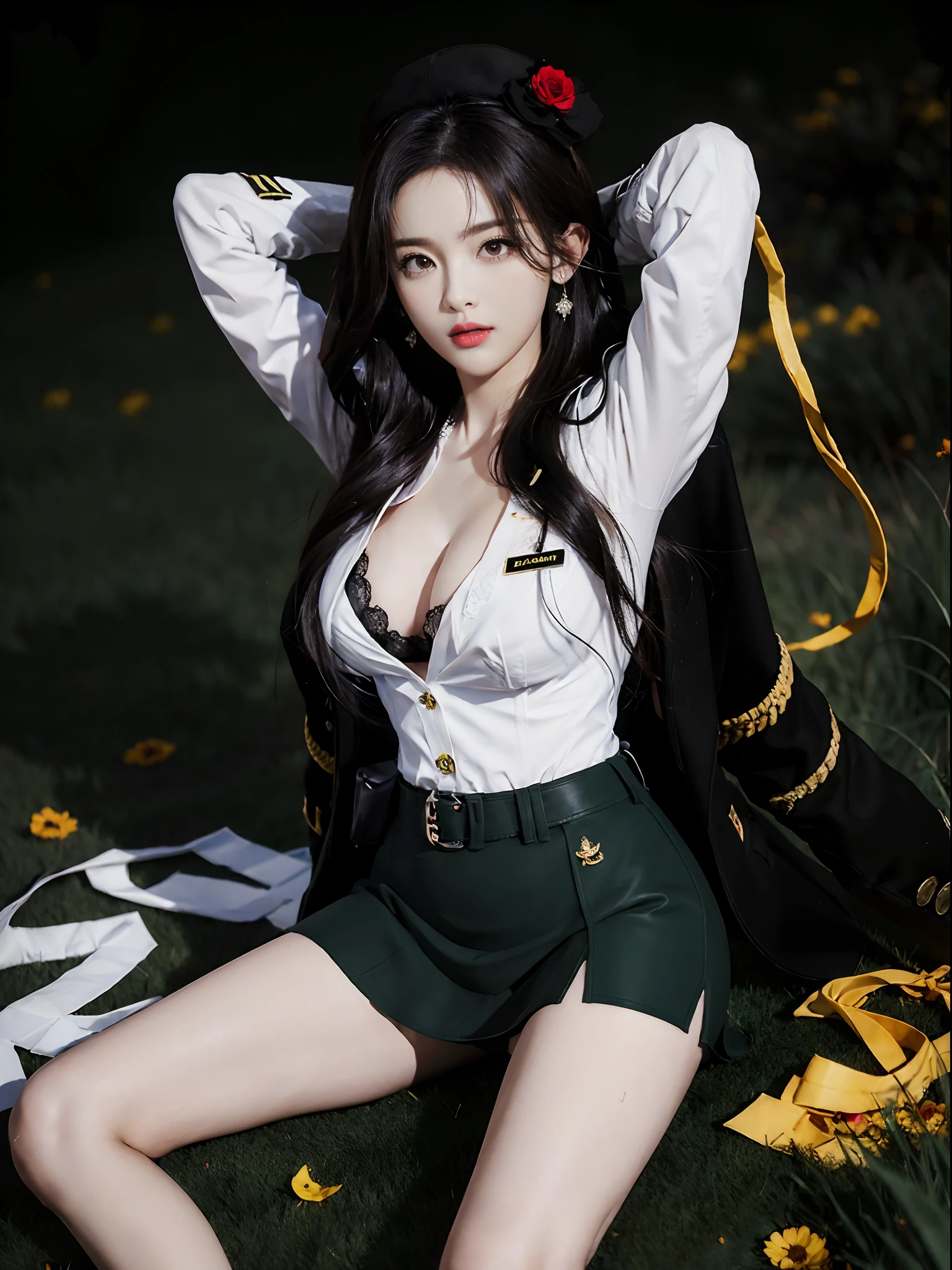 Very detailed CG unity 8K wallpaper，（tmasterpiece），（best qualtiy），（ultra - detailed），（Ultra photo realsisim），（best character detail：1.36），Nikon D750 f / 1.4 55mm，profesional lighting， physically-based renderingt, 1girll, Female soldier，army suit，Green military uniform，Long-sleeved military uniform，Fabric texture military uniform，The jacket is lined with a plain white shirt，The white shirt was soaked with sweat，The fabric of a soaked white shirt sticks to the chest，Dark green tie，(Army green skirt)，military hat，Black hair，the golden ratio,[:(com rosto detalhado:1.2):0.2]:,PureErosFace_V1, broad shoulder,(Plump breasts:1.5),(Bigchest:1.5),(big assa:1.5)，Wide buttock ，Bare legged，Plump legs，White panties are slightly exposed at the bottom of the skirt，whitestocking，without wearing shoes，Soaked with sweat，red flags，on a grassy field，bright sun，Bright smile，White teeth，lighting，Contre-Jour，