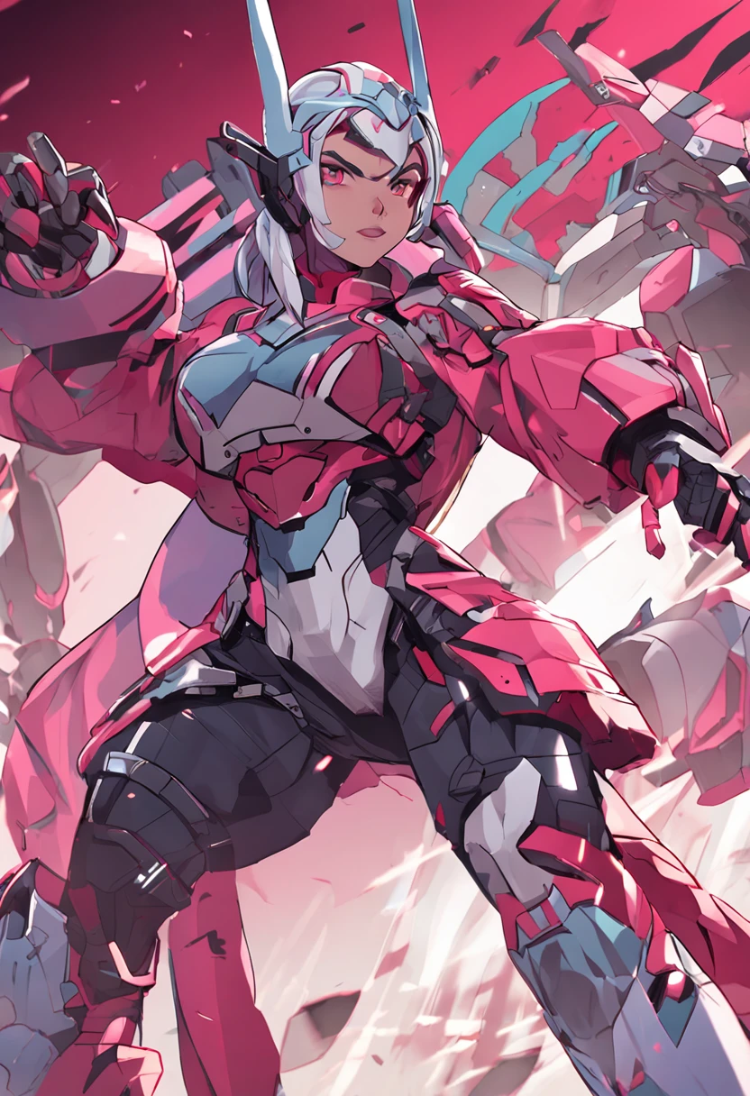 A young and beautiful person,(Highest quality,Extremely detailed depiction,Incredibly absurd high resolution,Anatomically accurate depiction,Curvy Legs),(Glowing Skin),(Futuristic body suit:1.3,Futuristic exoskeleton,Mechanical Wings,Mechanical thrusters,A giant bunker buster),eyelash,(Luminous purple eyes,There is cleavage in the chest,Wicked Smile,Glossy Red Lips,Sweat,Assume a fighting stance),whole body,My hair is blowing in the wind,(background:In town),