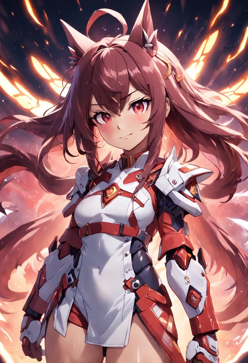 Crie uma imagem de Yae Miko, a smiling character with a friendly expression on her face. Ela tem coxas fortes e bem definidas. His appearance is confident and determined. She's wearing an elegant combat suit., com detalhes em cores vibrantes. in her hands, She holds a shiny futuristic weapon. The image should capture Yae Miko's energy and powerful presence