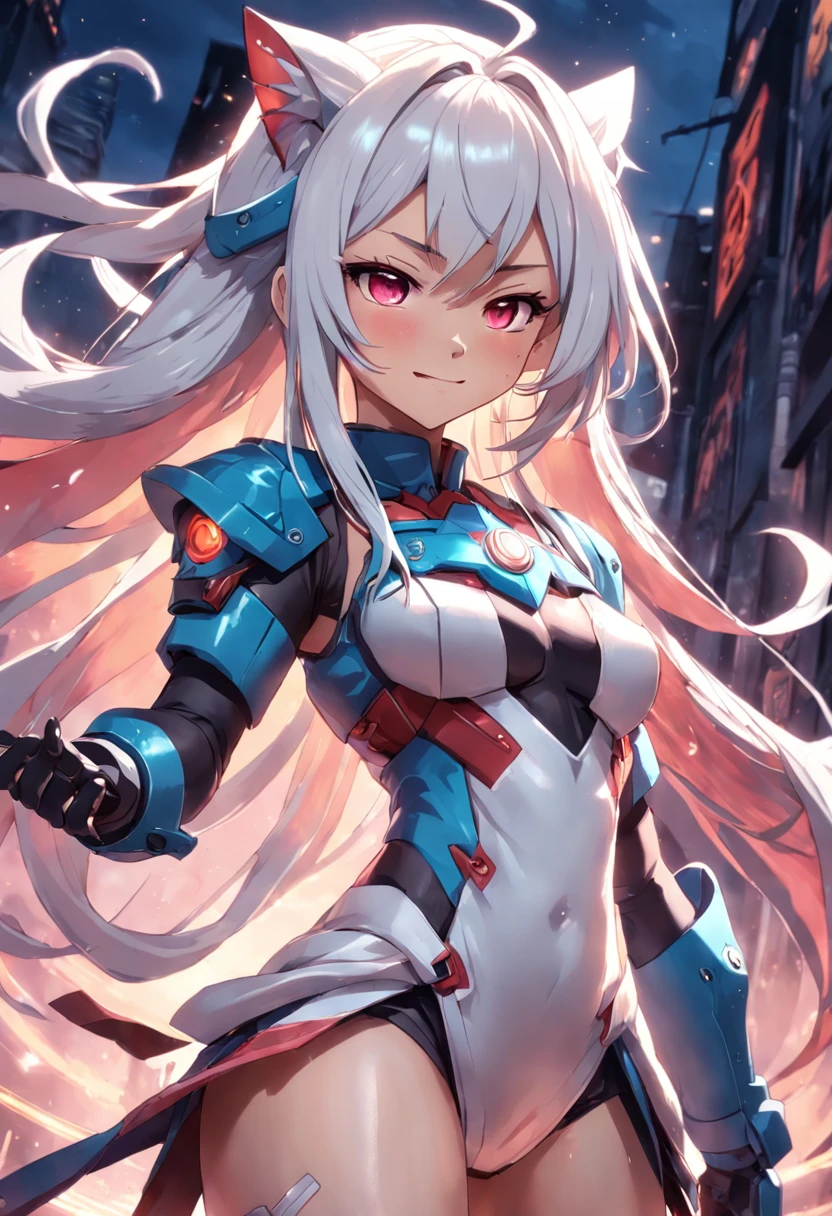 Crie uma imagem de Yae Miko, a smiling character with a friendly expression on her face. Ela tem coxas fortes e bem definidas. His appearance is confident and determined. She's wearing an elegant combat suit., com detalhes em cores vibrantes. in her hands, She holds a shiny futuristic weapon. The image should capture Yae Miko's energy and powerful presence