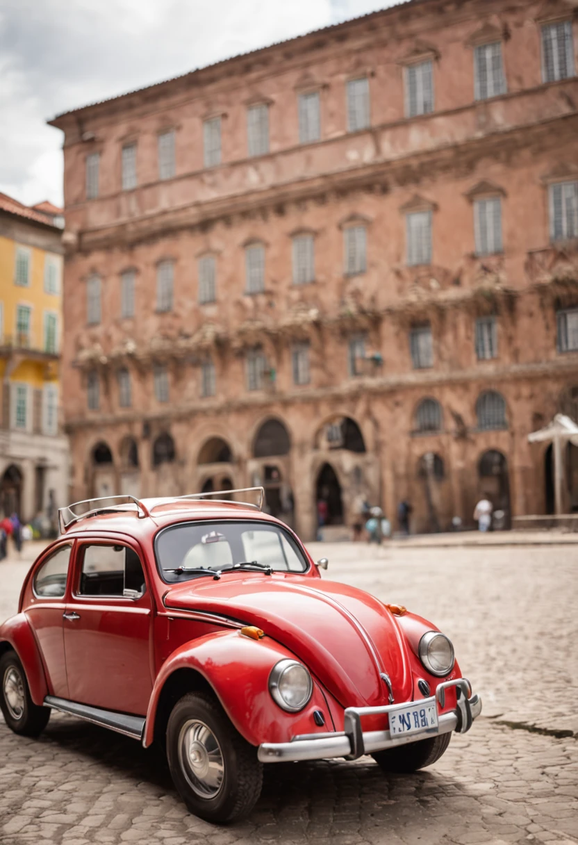 um fusca vermelho esportivo na cidade.