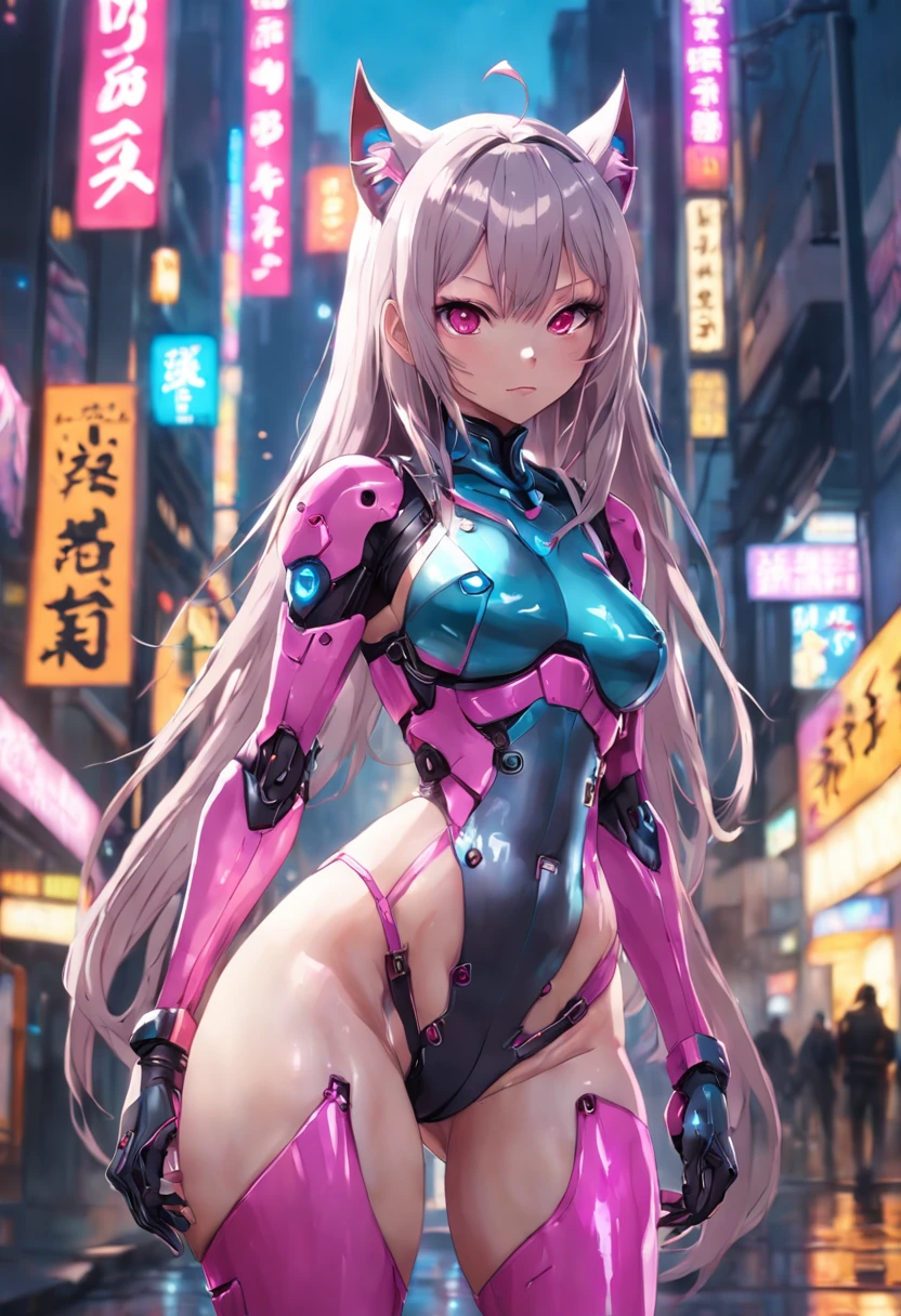 (RAW photo, best quality, masterpiece:1.2), (realistic, photo-realistic:1.4),(masterpiece:1.4),(best quality:1.4), ((???? cute Japanese cyberpunk catgirl)), ((slender body)), ???????????, :d, (bangs), blush, ((wearing colorful catsuit)), ((wearing combat armor)), ((dynamic pose)), (cowboy shot), (((cyberpunk city streets background))), hair intakes, ((shapeless long hair)), glowing neon accents, looking at viewer, sidelocks, smile, (((thigh gap))), thighs, twintails, very long hair, multicolor hair, alice \(nikke\),(shiny skin),realistic.
