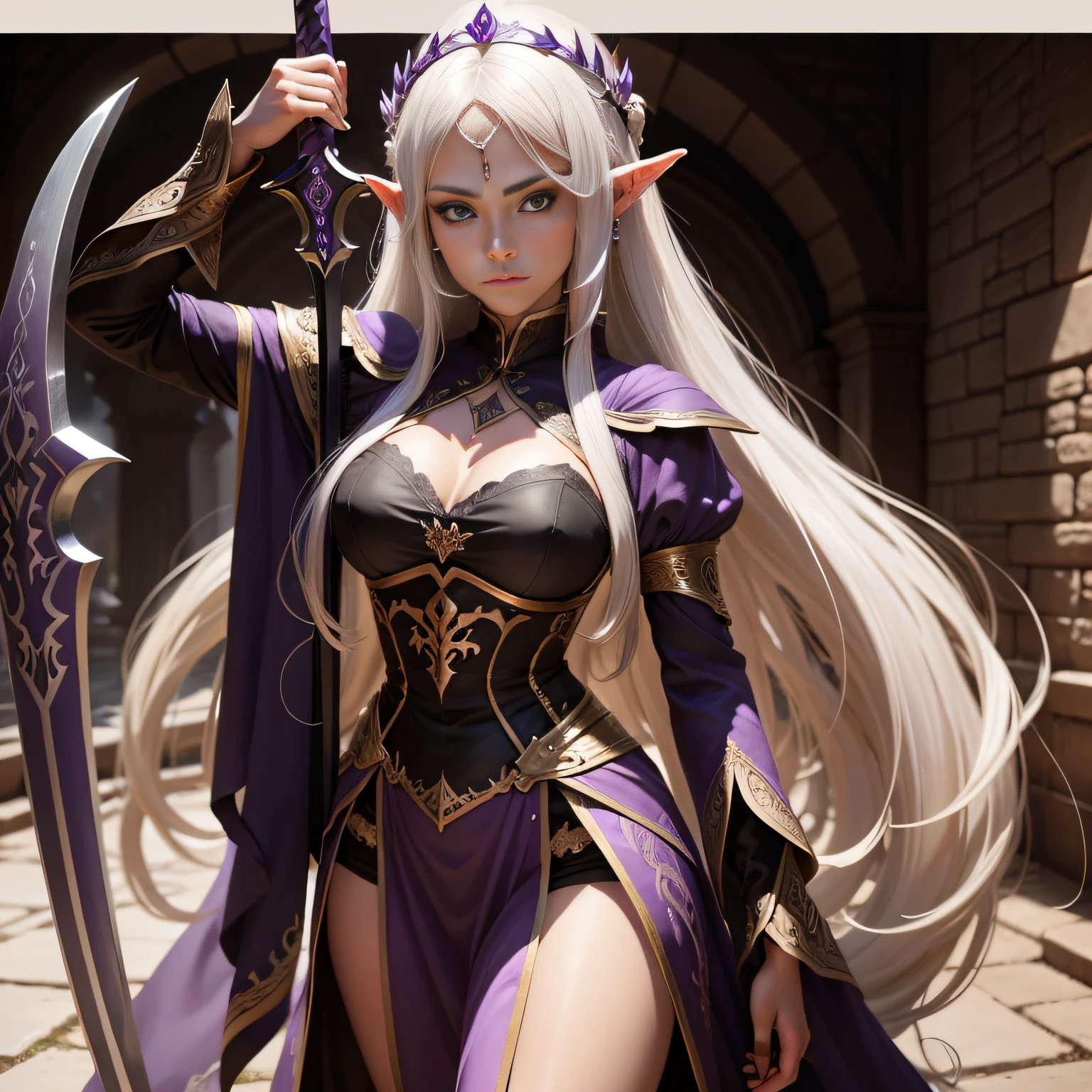 Noble Elven Princess 1a person Black and purple exterior gripping thin sword Long Blonde Hair sharp eye