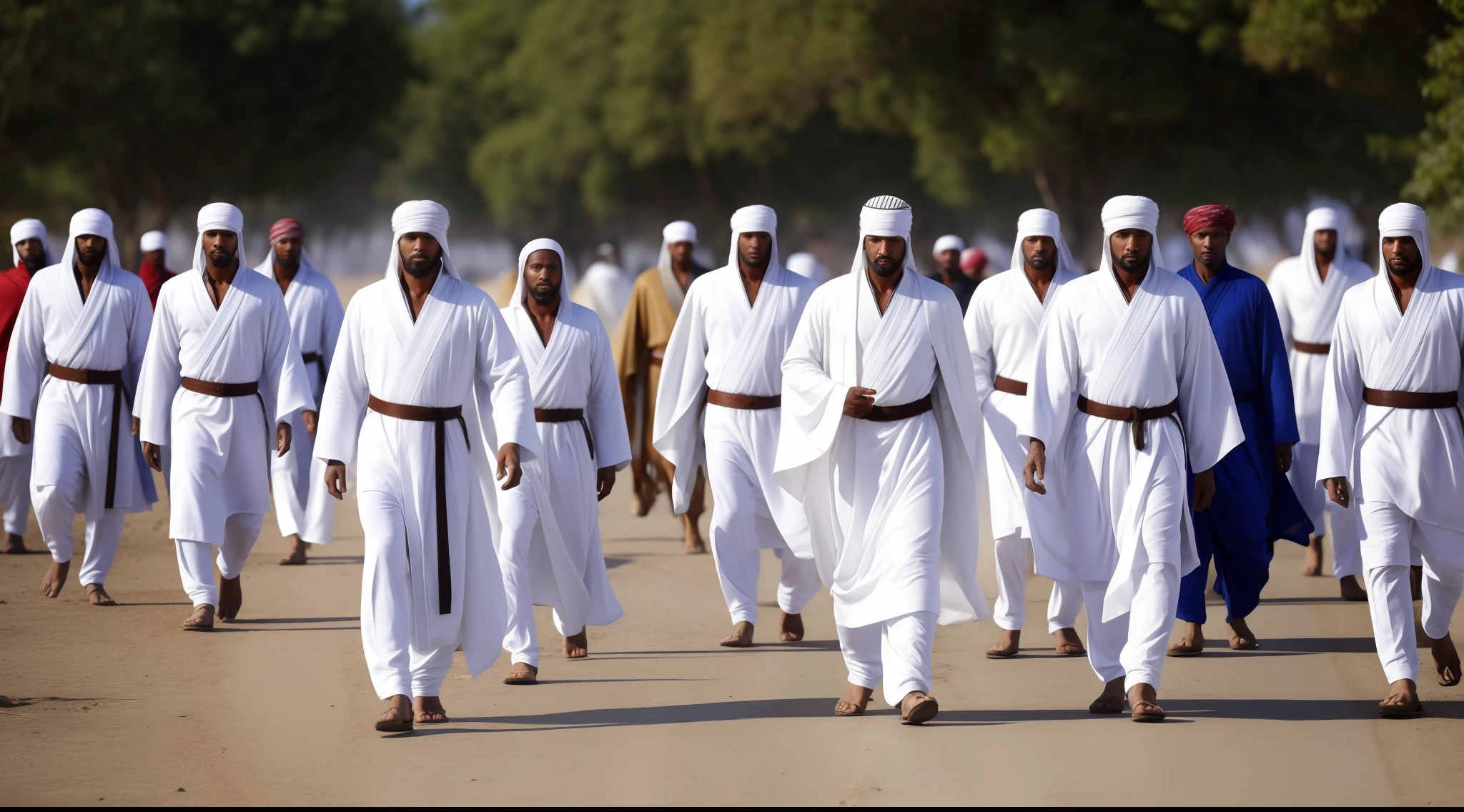 milhares de pessoas vestidas de branco andando em fila, flowing white robes, milhares de Reis antigos em vestes brancas, vestindo vestes brancas, centenas de milhares de pessoas em vestes brancas, vestidos com vestes brancas, vestes branco-douradas, invading army background, many beings walking about, vestindo vestes brancas, wearing flowing robes, vestes religiosas, Monges, Saara, background of invading army, Tuareg