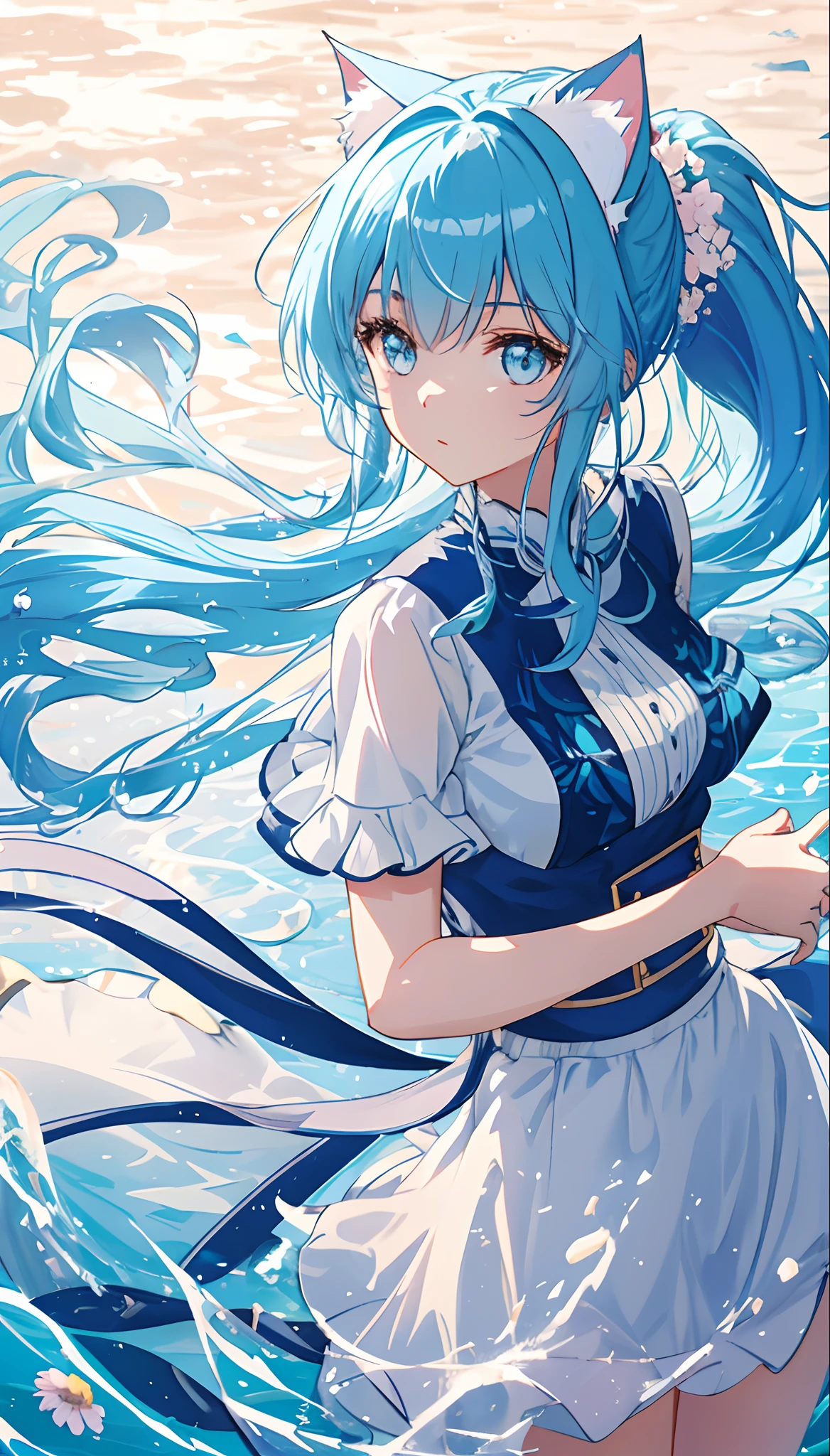 4k,8k,(masterpiece), (best quality), (super detailed), (disheveled hair), (illustration), (cat-eared girl), (fashionable clothes), standing, fashion model, looking at the viewer, (interview), (simple background), finely beautiful eyes, delicate beautiful face, floating, (high saturation), (colorful splash), colorful bubble, (brilliance), focus on face, ponytail, Ayaka Kamisato, light blue hair, bangs, hair ring, floating flowers, floating hair, (shining), best lighting, best shadow, swimsuit,