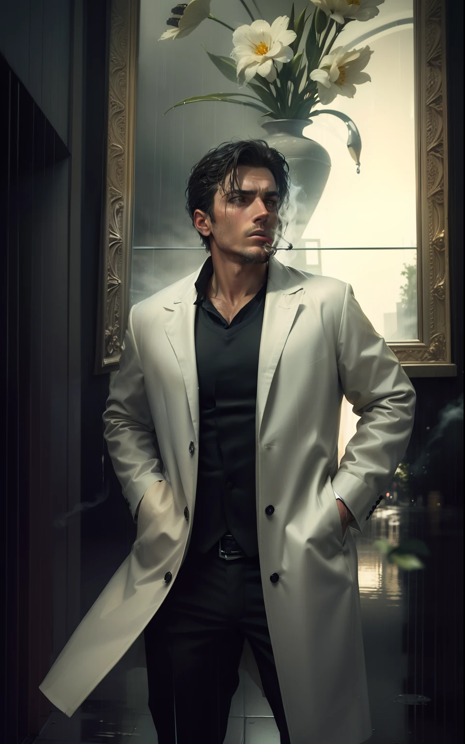 (a masterpiece), exceptional quality, in the rain, lonely, man in suit smoking (cigarette), looking up, slightly wet floor, reflection, neons." → "(a masterpiece), exceptional quality, in the rain, lonely, man in suit smoking (cigarette), looking up, slightly wet floor, reflection, neons:1.3". Real face