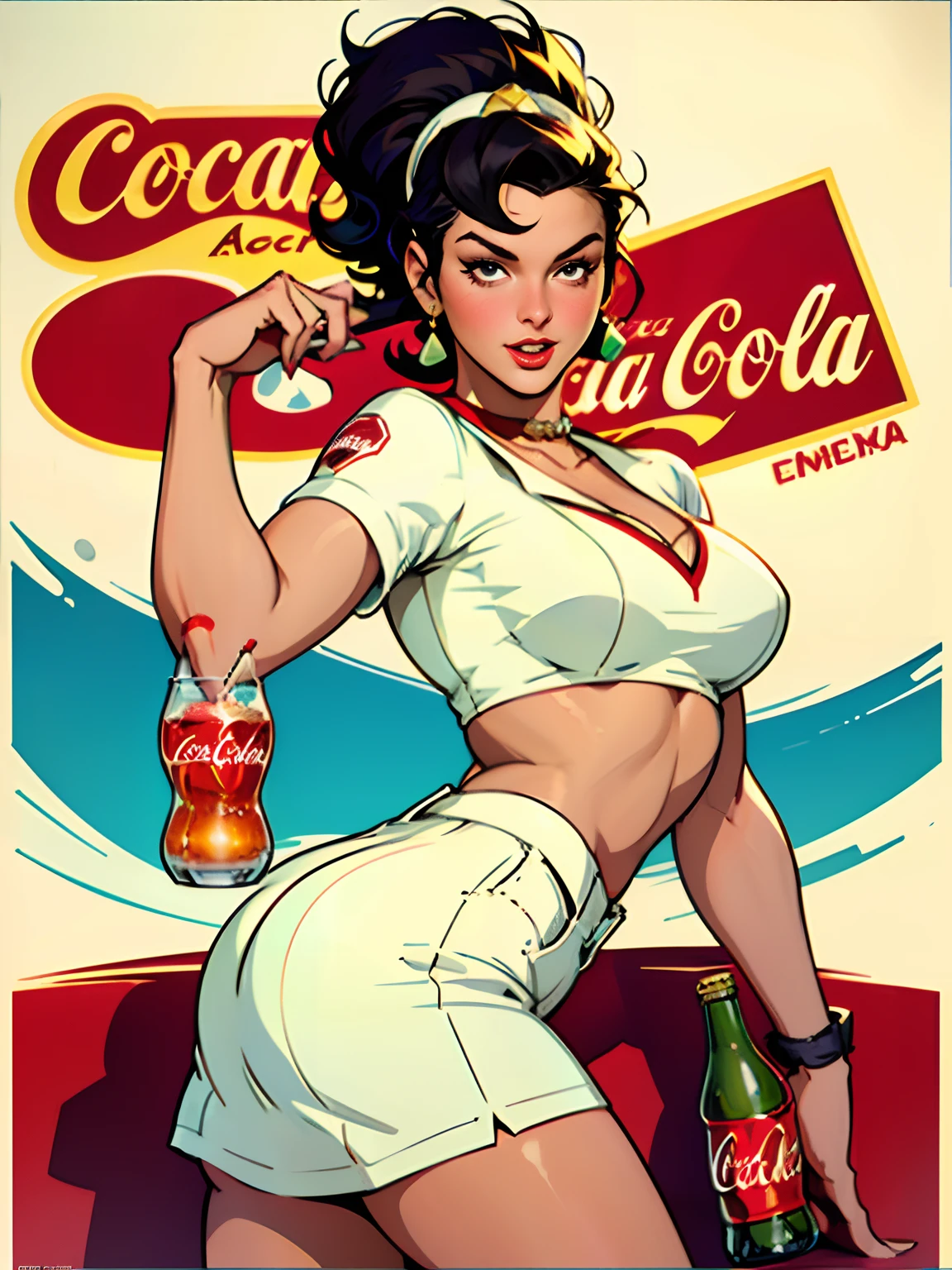 coca cola advert real magic as always five cents, inspired by Dorothy Coke, coka-cola advertisement, drinking a bottle of coca-cola, soda themed girl, inspired by Evaline Ness, retro poster, retro ad, film noir realistic, in style of digital illustration, promotional poster, inspired by Rolf Armstrong, in style of Jaime Frias, in style of digital art