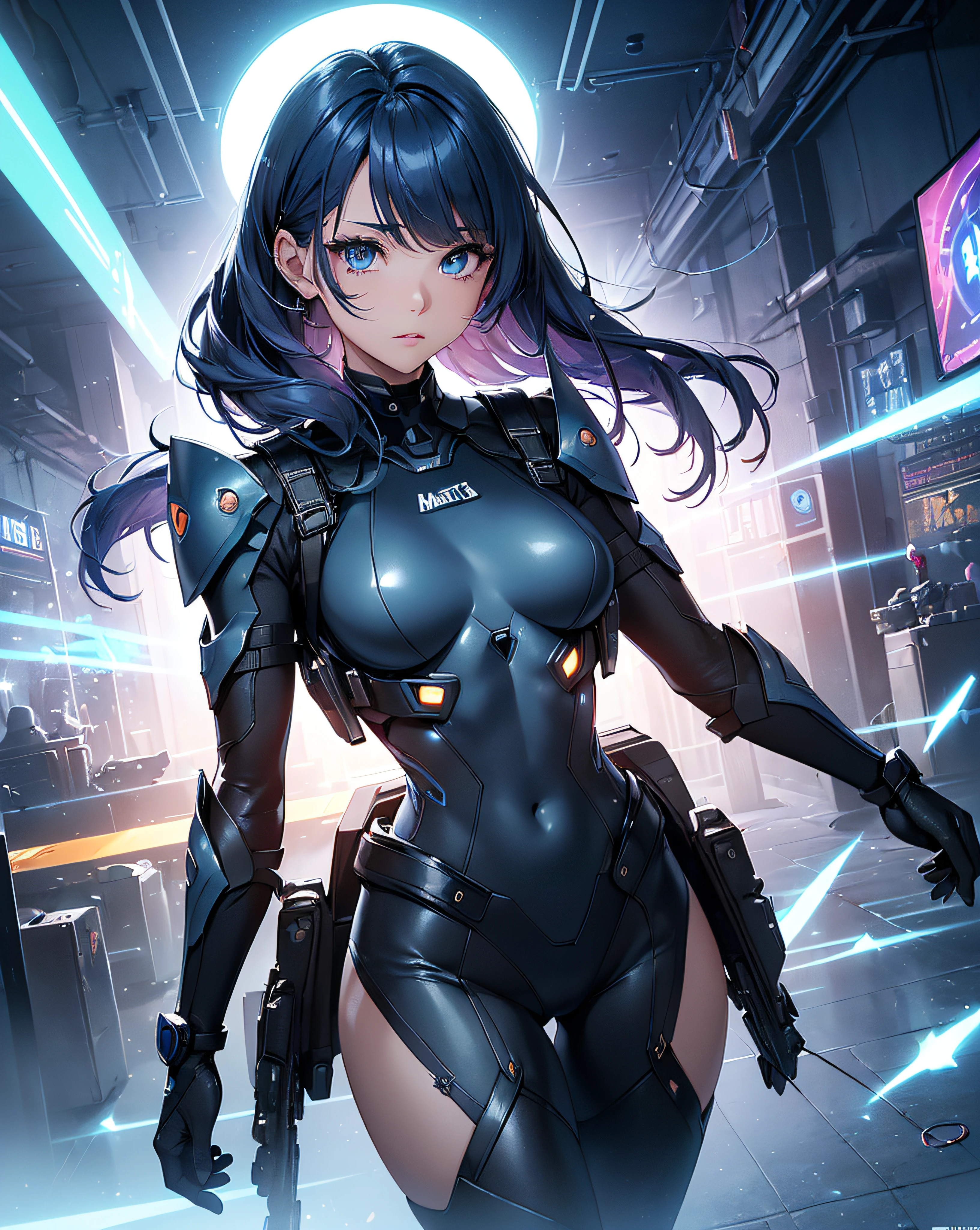BREAK、1girl in、独奏、looking at the viewers、(young cute beautiful 18-year-old girl:1.1)、3D顔、beautiful a girl、beautiful countenance、cute little、Girlface、Kpop Idol、super model、Stunning innocent symmetrical face、(Hands of Guido Daniele)、Perfect body、Medium Breasted、Slim waist、Slim legs、(High Detail Skins:1.2)、radiant eyes、goddes、natural skin textures、shinny skin、de pele branca、beautifull detailed face、A detailed face、Authentic skin texture、Cute delicate face、finerly detailed face、the golden ratio、Golden Ratio Face、Expressive eyes、face perfect、flawless skin、Clear face、shinny hair、Proper body proportions、perfect anatomia、realistic skin textures、luscious lips、shiny lips、Natural makeup、Beautiful bright pupils、Slender figure、intricate eyes、Detailed pupils、 finely detailed face and eyes、long eyeslashes、red blush、Good Hand、perfect hand、Clean face、beautiful female bodies、Fine fine skin、oily shiny skin、(((((Mechanical halo、Star Hello、Complex mechanical bodysuit、Navy blue and black bodysuit、full armor、(Colorful glow floating:1.2)、(Energy Beam:1.3)、(Highly detailed worn metal texture:1.3)、scientific fiction、(Dark blue hair、Navy Blue theme、Blue coloring、Blue eyes:1.3)、Very long hair、(A human who emits an aura from his body:1.4)、(Blue Solo、Lone Girl、Japan Faces、short-cut、lightonface、Slim body、exoskeleton、metal gear、Cyberpunk style、(the perfect body:1.4)、Glittering blue colored eyes、Black and navy blue bodysuit、Tight Fit Clothing、Clothing that covers the whole body、Clothes that hide the skin、extremely delicate and beautiful、detailed skins、Slim body、Gentle smile、heroine、long boots、Gloves up to the elbow、Clothes that hide the skin、front facing、The energy light that turns towards the viewer is emitted from the body:1.4)、(Whole human body:2)、(lightning discharge lightning effects:1.2)、(Electrocution:1.3)、(Luminescent particles:1.4)、Hold the gun、buttle、(electric sparks、spark of light、Flying bullets、Dodge bullets、Buildings hit by missiles、Future technology drones hit laser weapons:1.3)、Adventurous appearance、stary sky、Colorful refraction、World of Wormholes、futuristic city street、cyberpunked、makina、 Very metallic texture、Neon light、(Night:1.4)、the wind、Rembrandt lighting、Space Warp、Fog、Pixel art、game art、key visual、Surreal、PBR Texturing、Anisotropy Filtering、Maximum clarity and sharpness、Albedo and specular maps、Multilayer Texture、Surface Shading、sub-pixel convolution、Accurate simulation of light-material interactions))))、(pureerosface_v1:0.5)、(ulzzang-6500:0.5)、(nffsw:0.6)、Facing the viewer、Future bride、Legendary girl、Childhood、Super lucky、Save the world、Future daughter-in-law、Compassion、Manifest in reality、Help me、Erudition、Intelligent、Eternal Life、Outstanding motor nerves、Have a sense of humor、One Love、dynamic ungle、Dynamic Actions、kindliness、Unremitting Love、Eternal youth、Always with you、Disease-free、Language proficiency、Lovesickness and love、Man of fate、Time Traveler、Kayowasa、vivaciousness、I feel energized when I'm with you))、(time machine、Beyond Time and Space、quantum computer、Transcendent、Big bang、How it all began、Skyscraper、Weapons of the future、rucksack、World conquest、leeway、rescue、Stargate、Encounters with the unknown、The real world、Planktonic、embers、battle field、Volumetric fog、Gray fog、fumo、 explosions、Apocalyptic、destroyed city background、buildings on fire:1.3)、