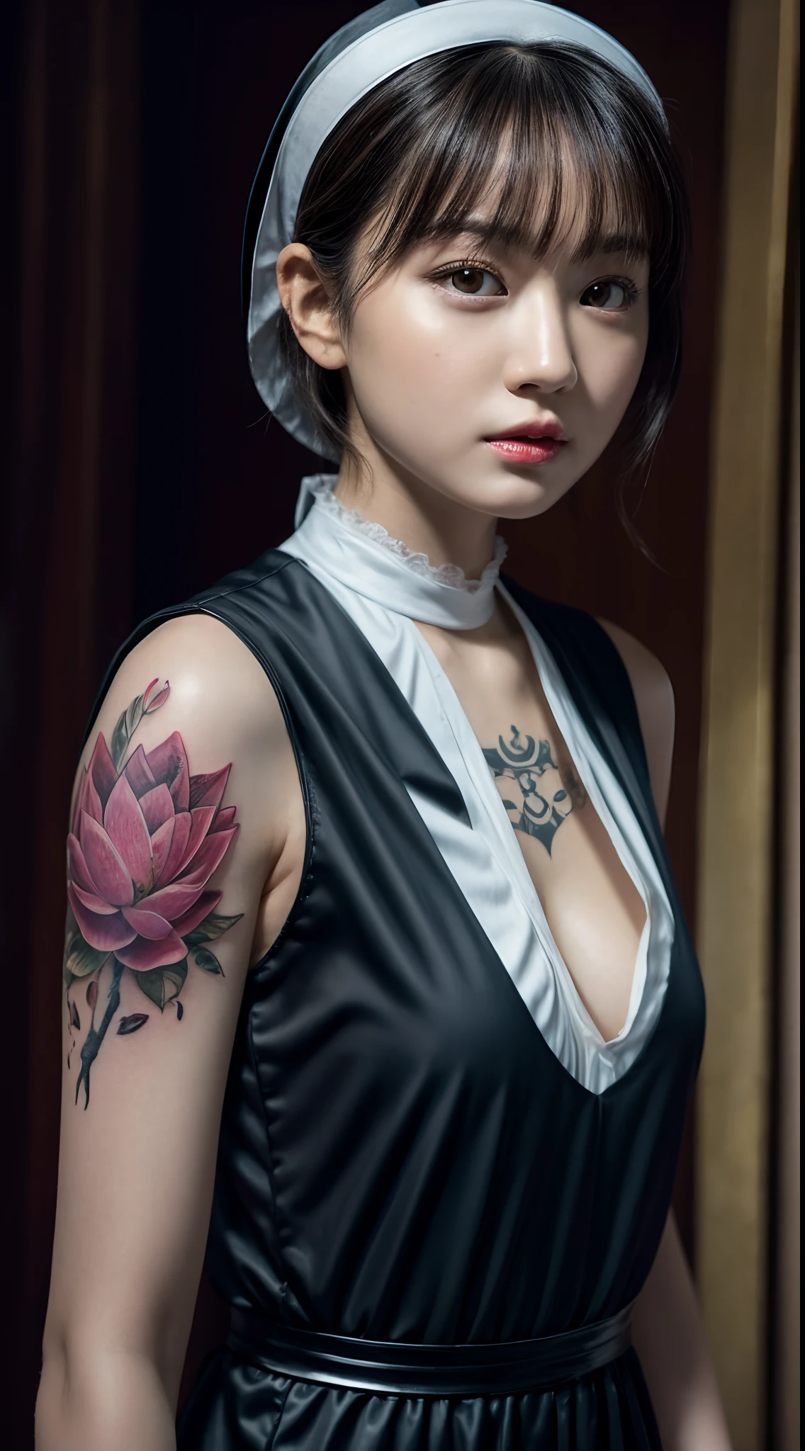 , Japanese, Best Quality, Highly Detailed, Masterpiece, Ultra-Detailed, Illustration, Short Hair, Sleeveless Nun Outfit, 1 Girl With Pgiebux Tattoo on Body, Small Breasts, Lotus Tattoo,