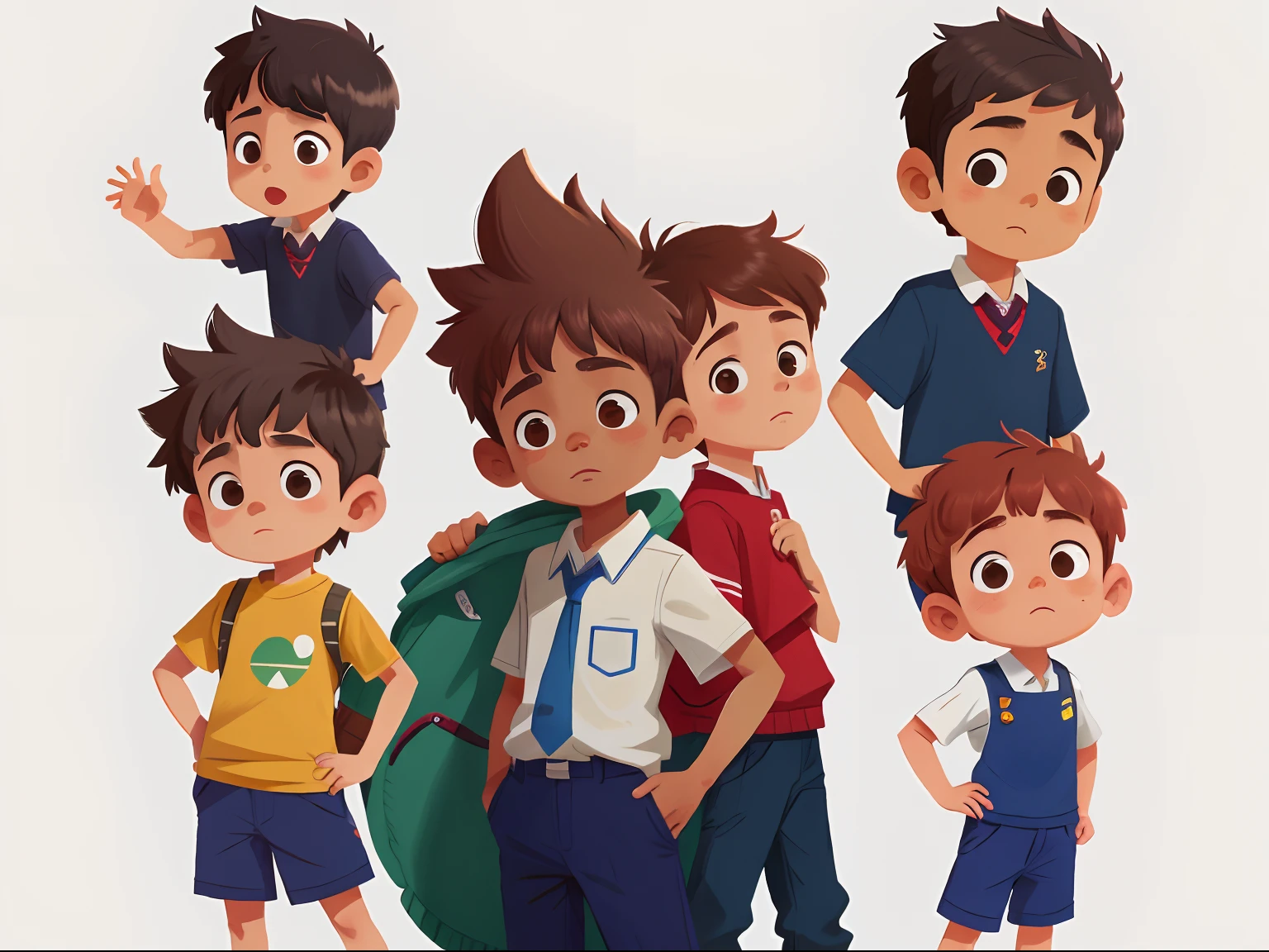 de 4 anos, com roupa escolar, multiple poses of the same character facing, meio de lado e lado. Cabelo preto, short and kind of messy. Olhos grandes e castanhos e alegre.