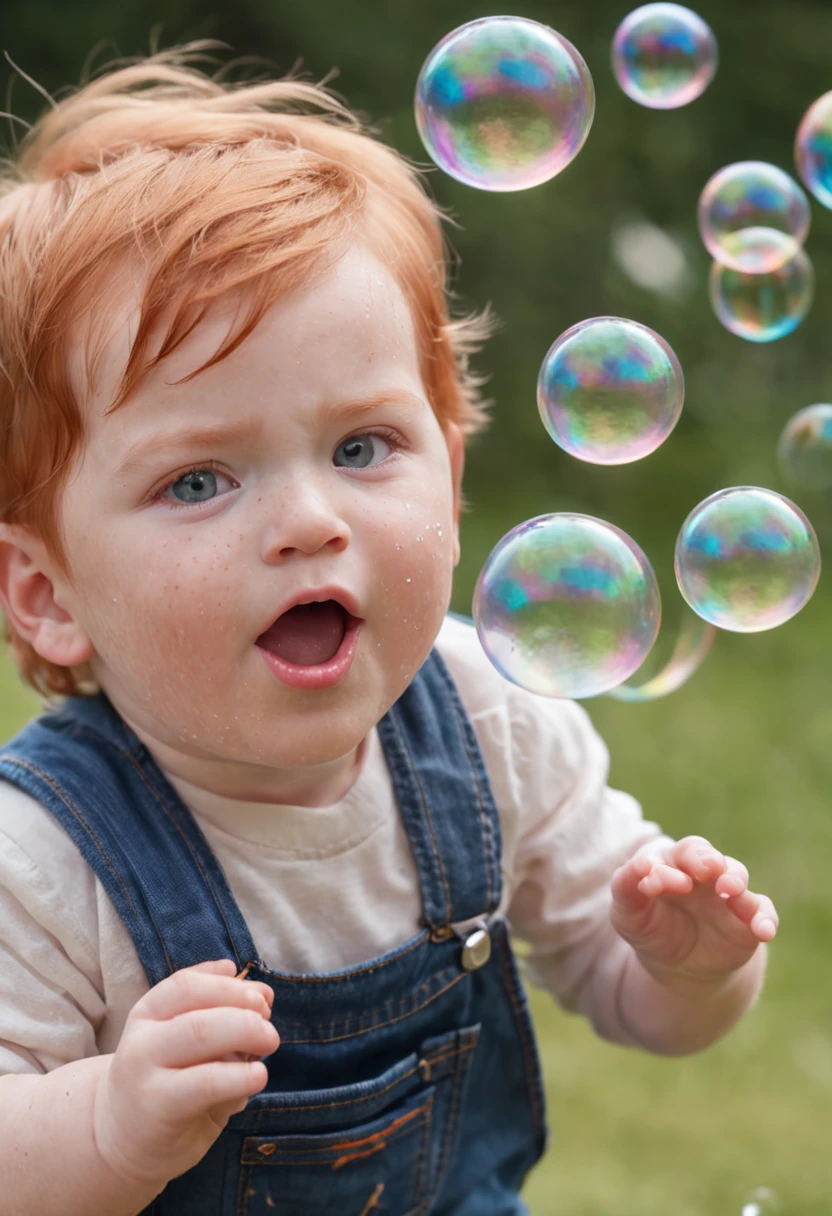 a  with ginger hair wearing denim overalls chasing bubbles. clean pastel painting, beautiful detailed face, lots of bubbles, photorealistic