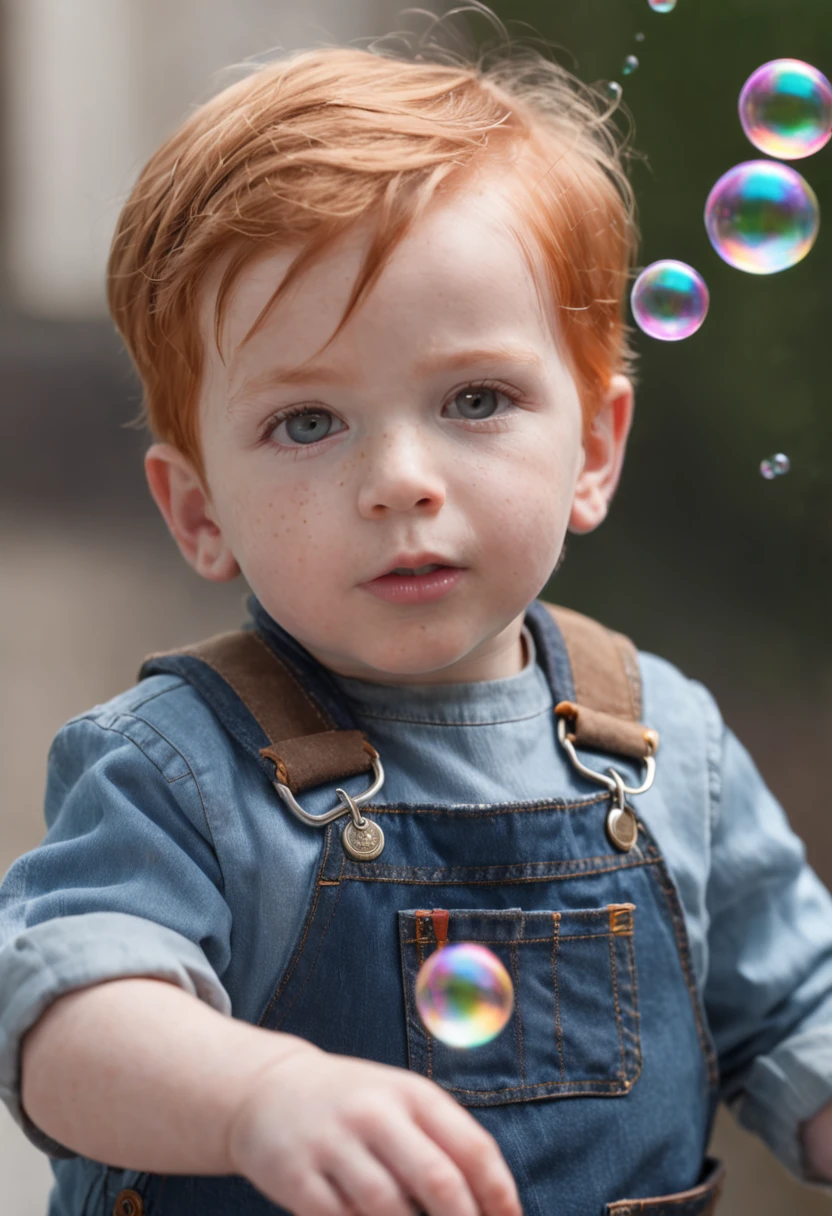 a  with ginger hair wearing denim overalls chasing bubbles. clean pastel painting, beautiful detailed face, lots of bubbles, photorealistic