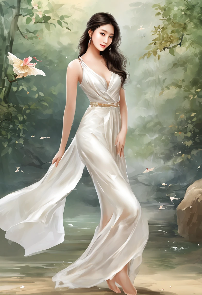 "Capture the essence of an alluring and intelligent Asian woman, age 25, in a smart yet enigmatic style reminiscent of the Mona Lisa's enigmatic smile. Depict her wearing a wet, white silk dress that clings to her body, revealing its delicate contours through the sheer and transparent fabric. The dress should appear thin and soaked, accentuating her form without being overly explicit. Focus on her confident gaze and subtle smile, inviting viewers to unravel the mystery behind her expression. The wet silk dress should reflect the light, creating a sensual interplay of shadows and highlights. Employ a serene color palette that complements the elegance of the scene and enhances the overall atmosphere of intrigue and sophistication."