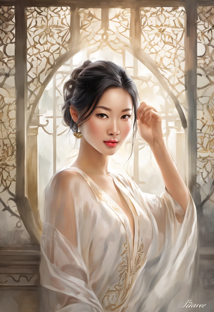 "Capture the essence of an alluring and intelligent Asian woman, age 25, in a smart yet enigmatic style reminiscent of the Mona Lisa's enigmatic smile. Depict her wearing a wet, white silk dress that clings to her body, revealing its delicate contours through the sheer and transparent fabric. The dress should appear thin and soaked, accentuating her form without being overly explicit. Focus on her confident gaze and subtle smile, inviting viewers to unravel the mystery behind her expression. The wet silk dress should reflect the light, creating a sensual interplay of shadows and highlights. Employ a serene color palette that complements the elegance of the scene and enhances the overall atmosphere of intrigue and sophistication."