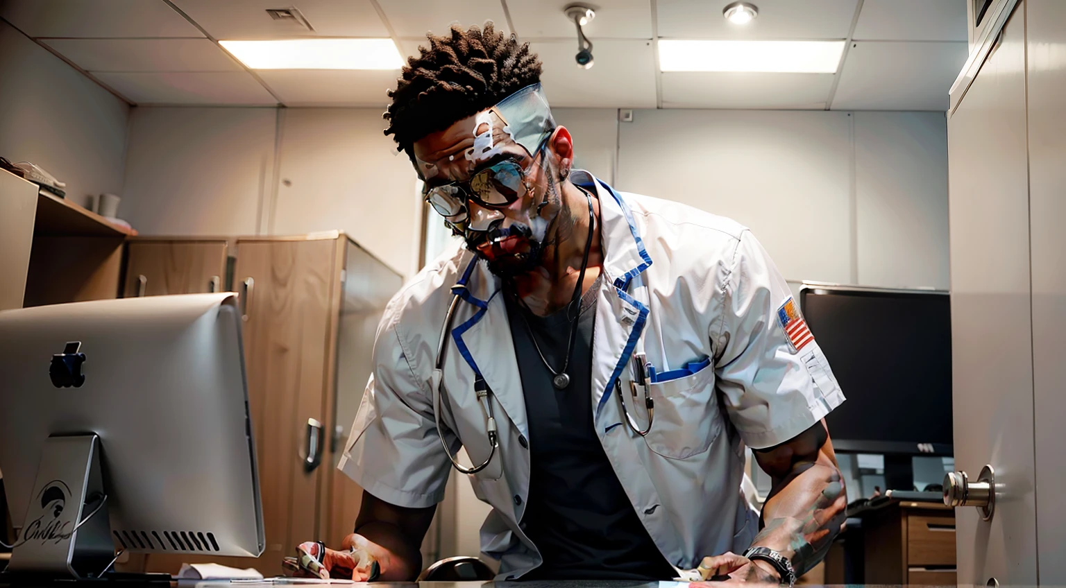 BLACK MAN working in the clinical research area of the medical center AND SIGNING PAPER , EM 1974