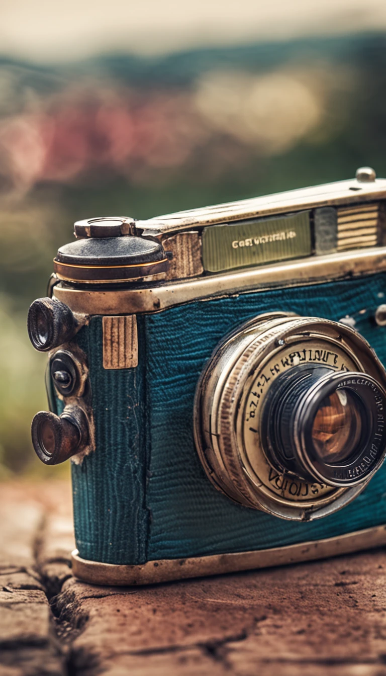 "Life is like a camera. Foque no positivo, capture o negativo e desenvolva o resultado." - Create an image that shows an old camera, com uma lente grande e um visor. Add a blurry background with vibrant cores to represent the positive, e um objeto em primeiro plano para representar o negativo. Finalize com um resultado desenvolvido na fotografia.